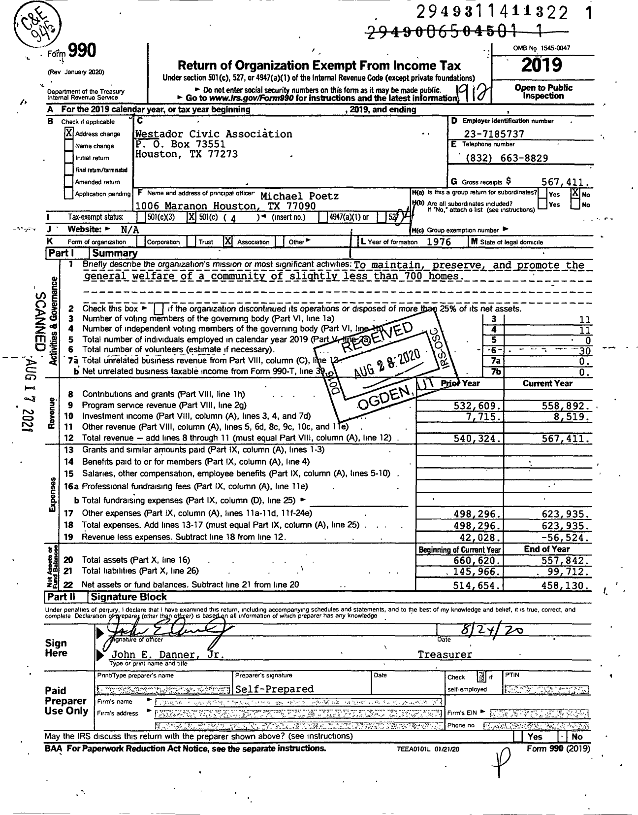 Image of first page of 2019 Form 990O for Westador Civic Association