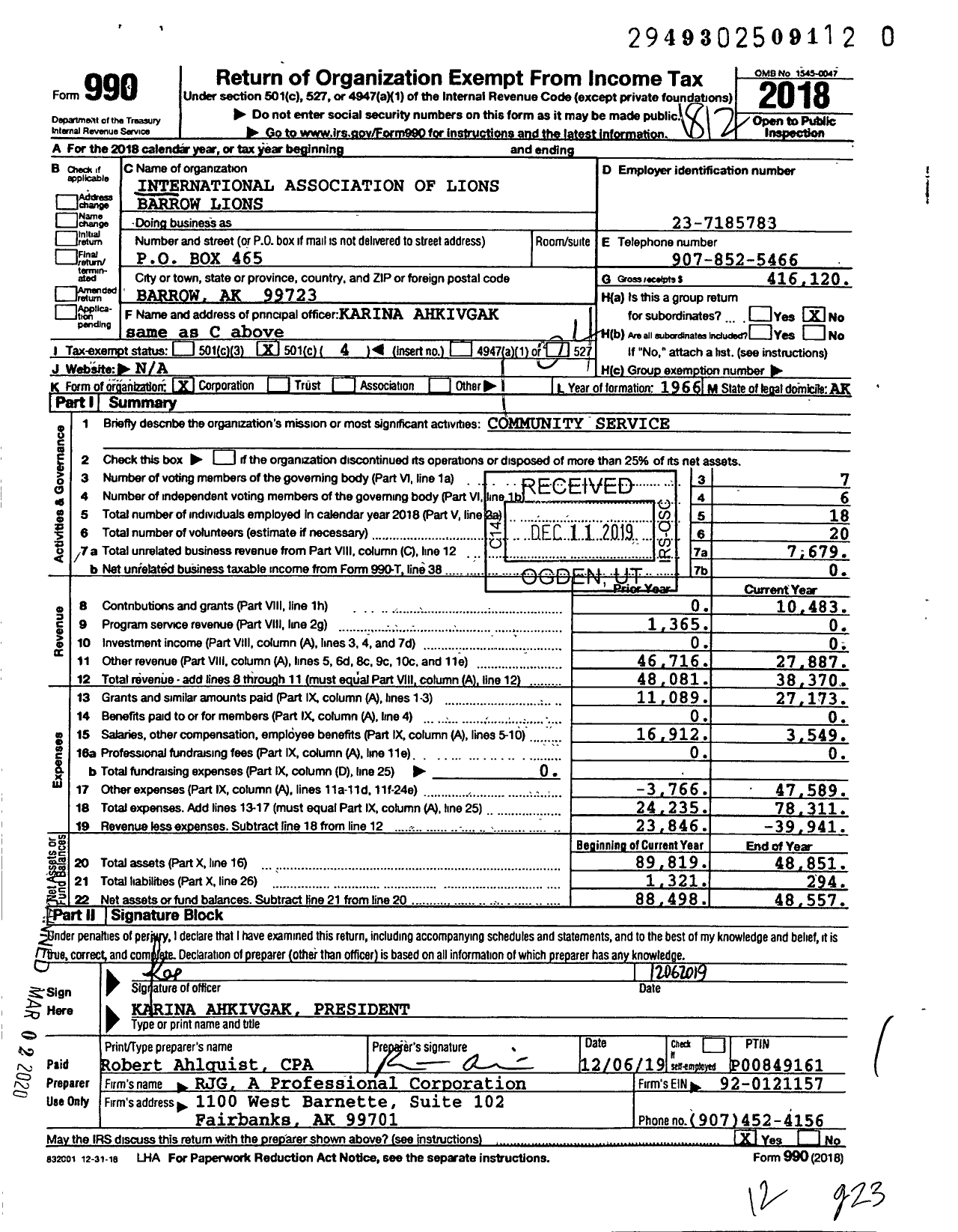 Image of first page of 2018 Form 990O for Lions Clubs - 14273 Barrow Lions Club