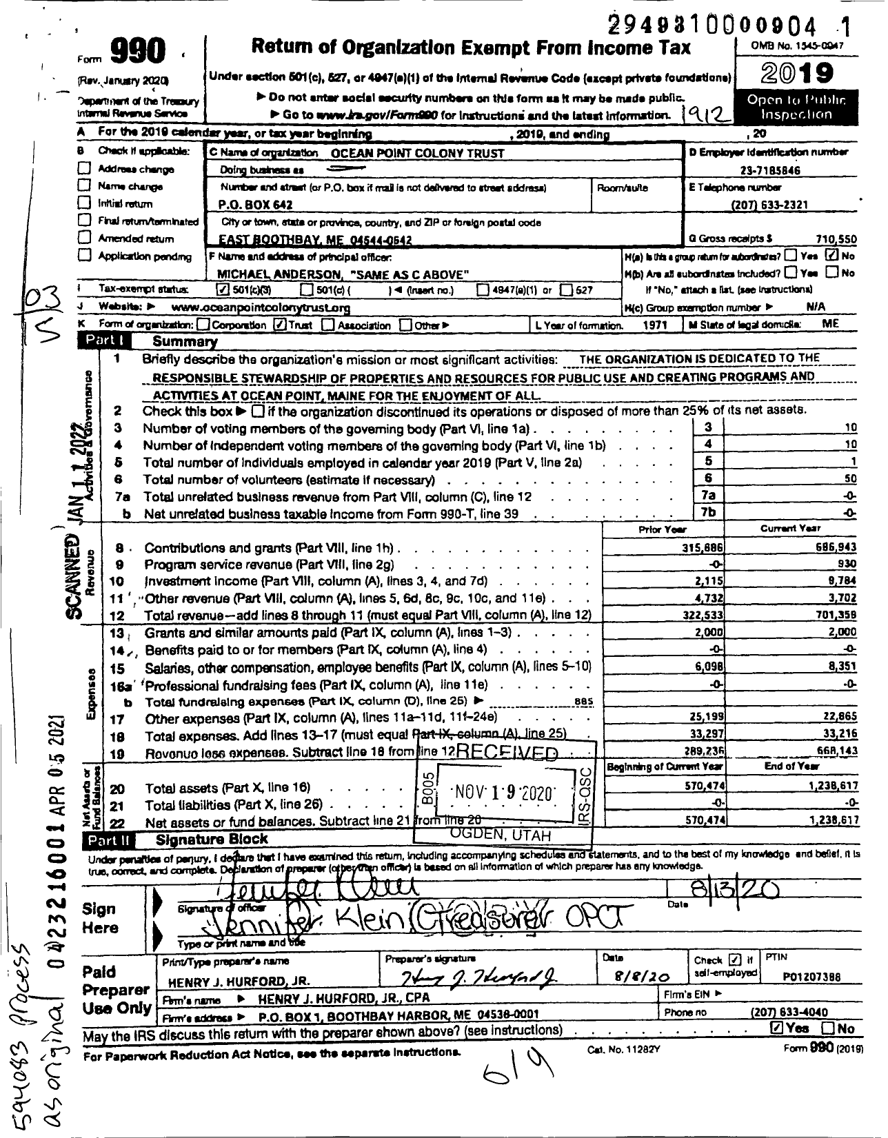 Image of first page of 2019 Form 990 for Ocean Point Colony Trust