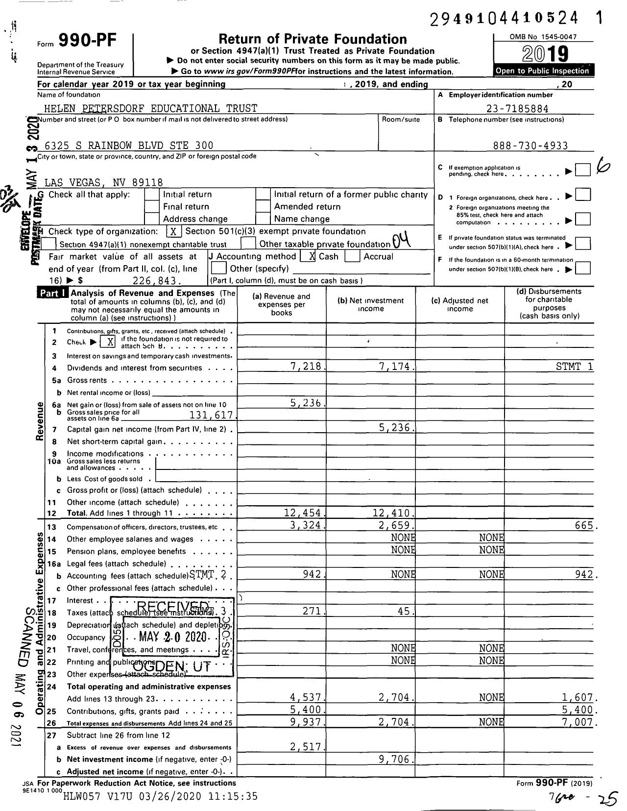 Image of first page of 2019 Form 990PF for Helen Petersdorf Educational Trust