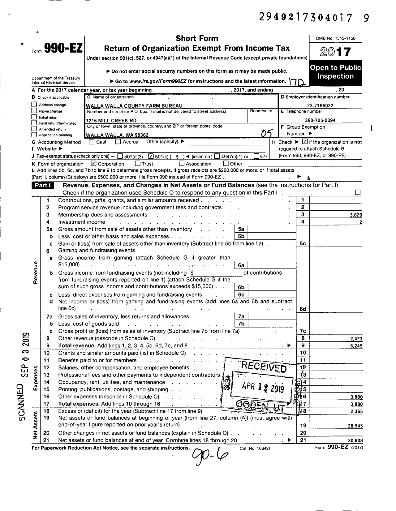 Image of first page of 2017 Form 990EO for Walla Walla County Farm Bureau