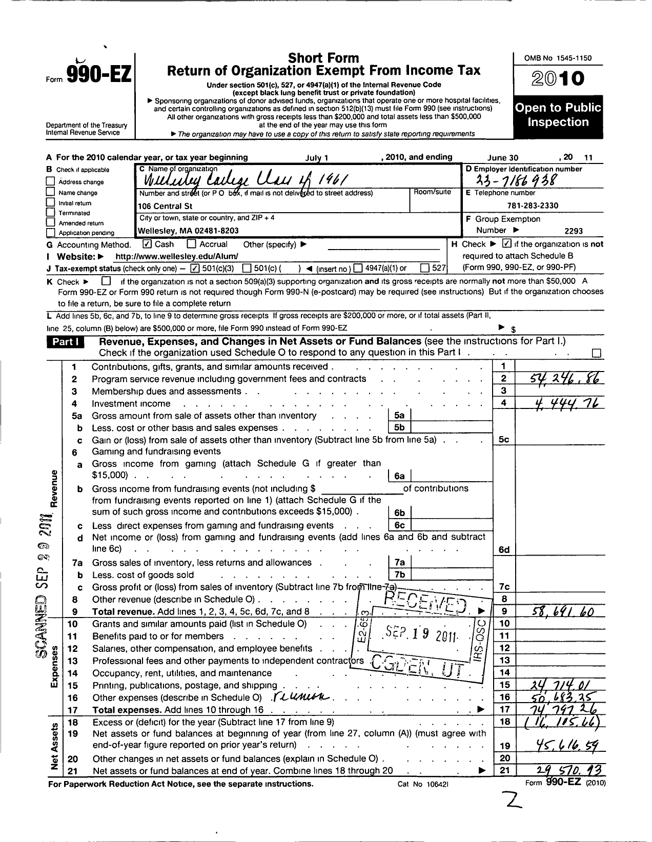 Image of first page of 2010 Form 990EZ for Wellesley College Alumnae Association - 1961 Class