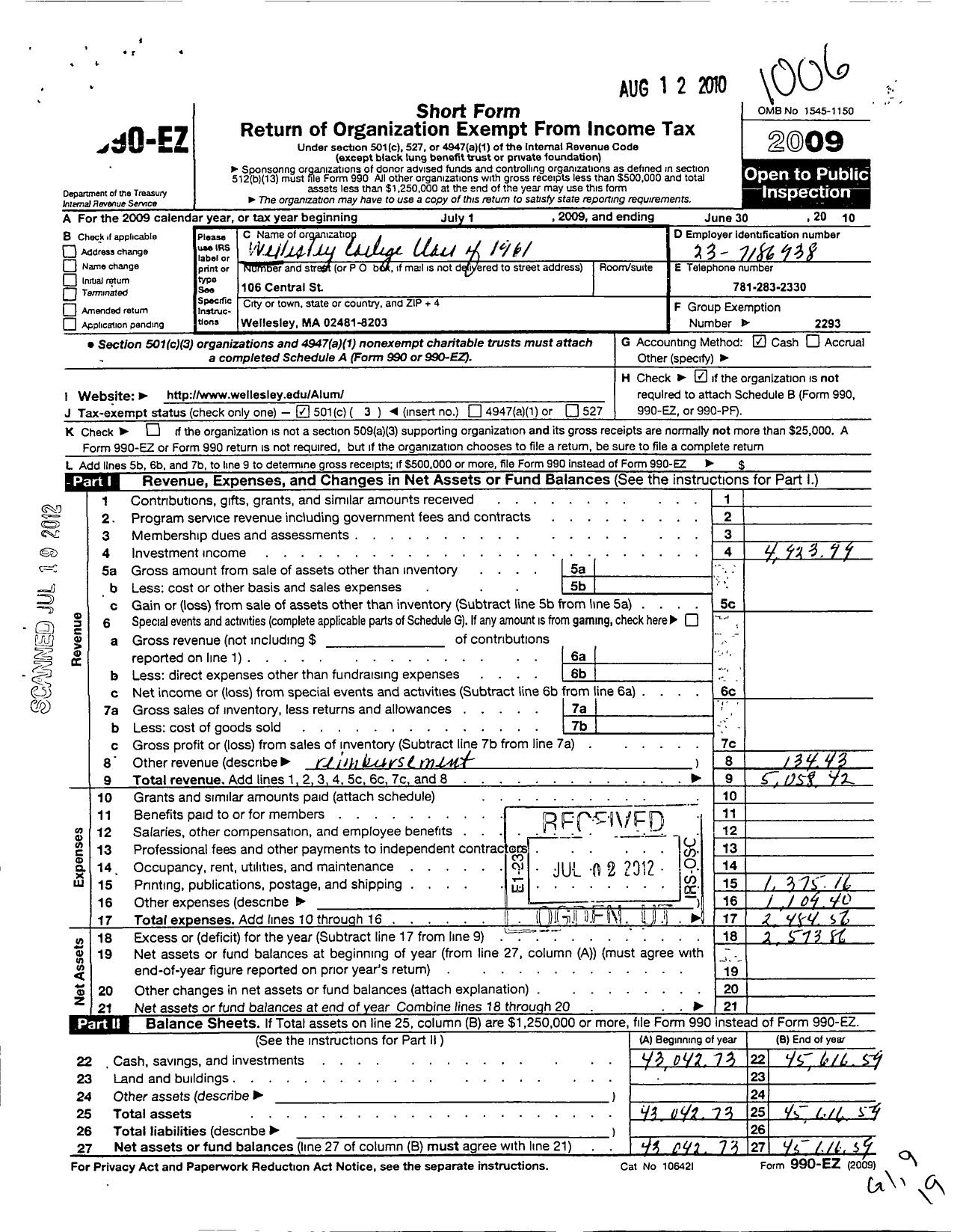 Image of first page of 2009 Form 990EZ for Wellesley College Alumnae Association - 1961 Class