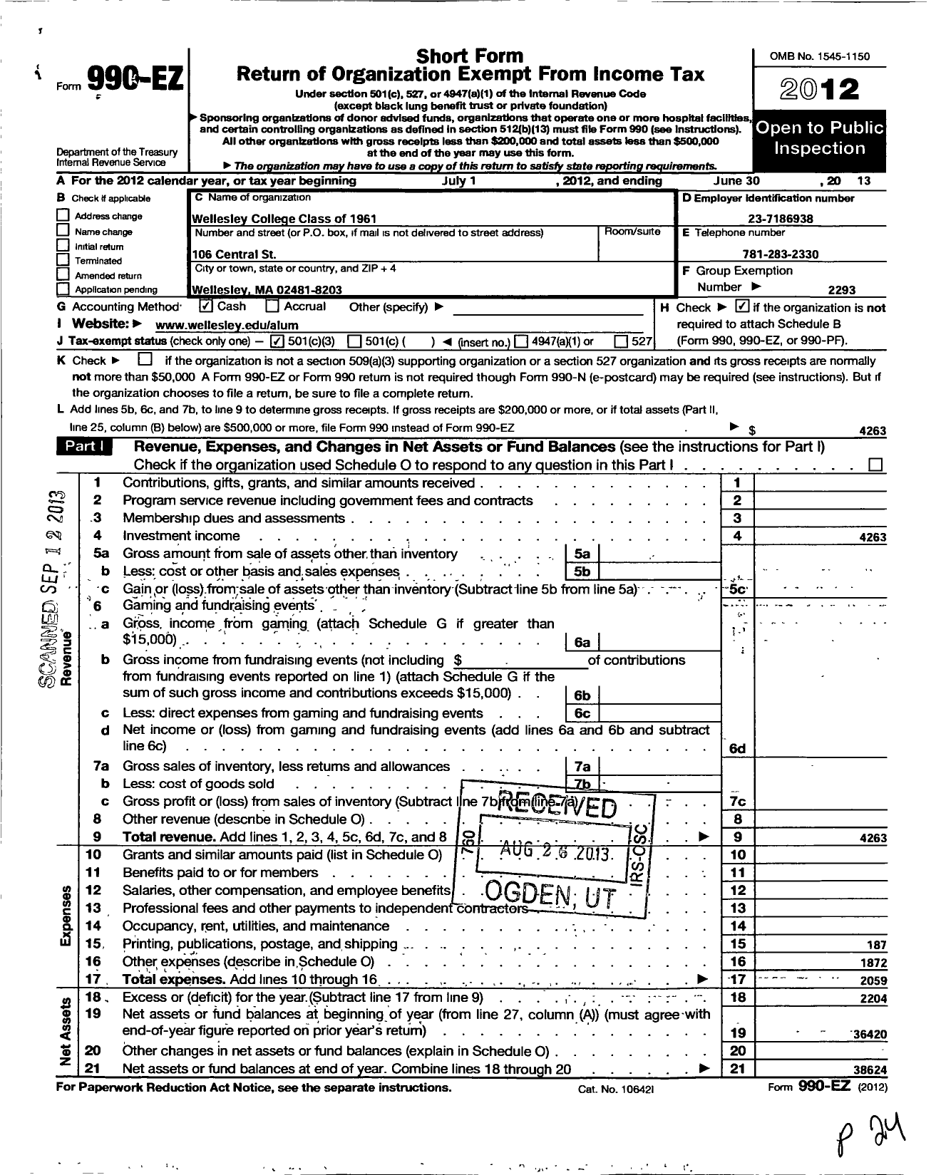 Image of first page of 2012 Form 990EZ for Wellesley College Alumnae Association - 1961 Class