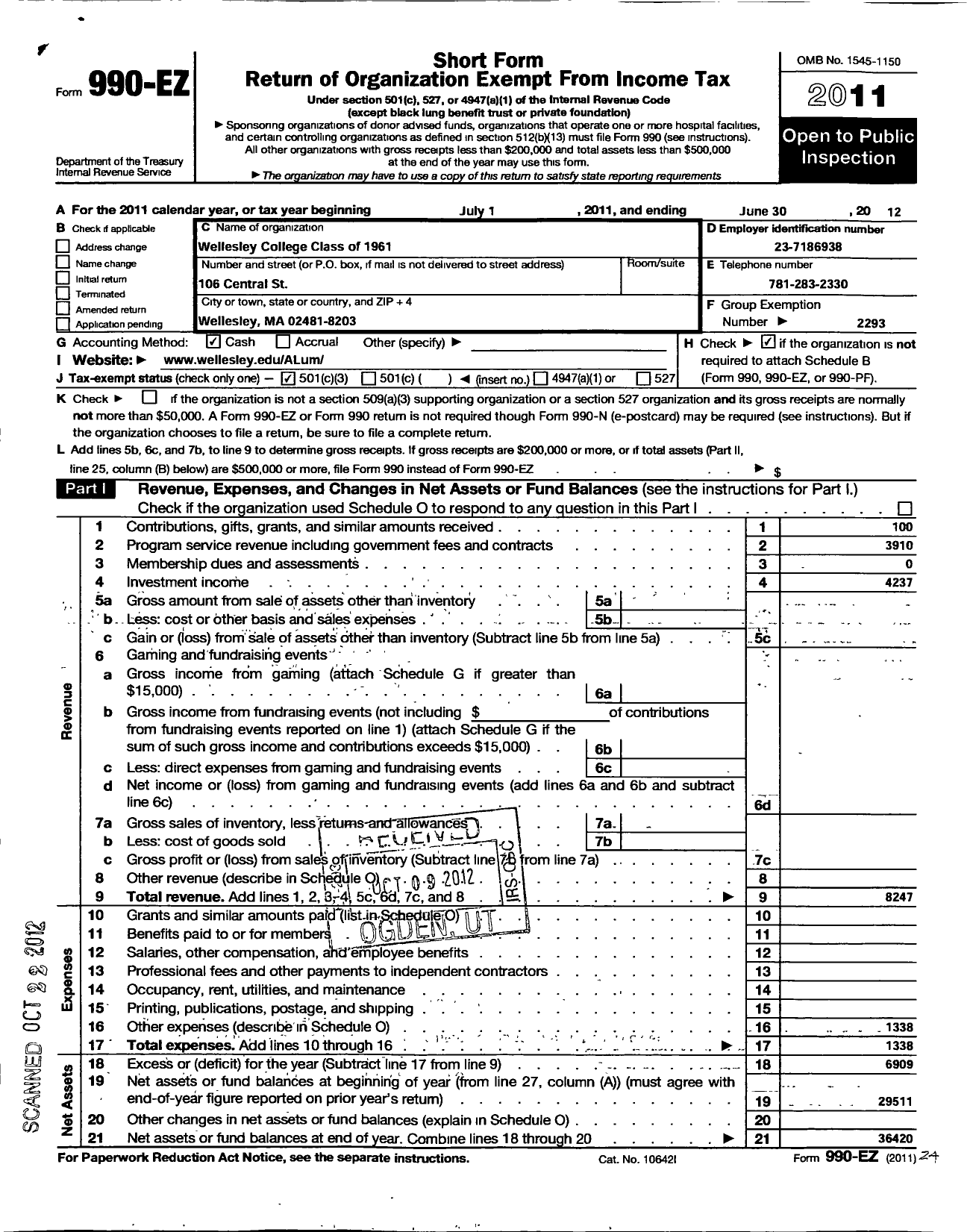 Image of first page of 2011 Form 990EZ for Wellesley College Alumnae Association - 1961 Class