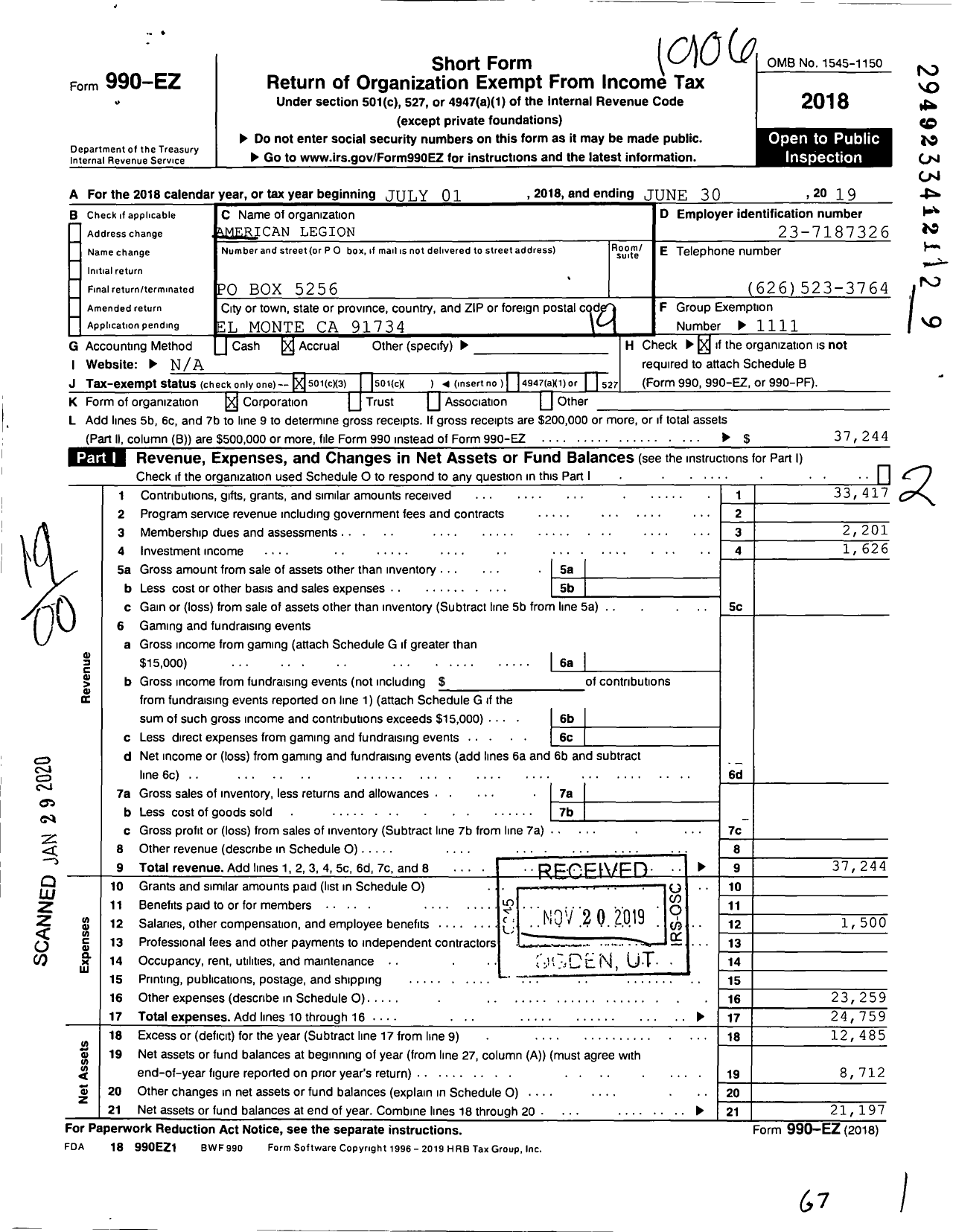 Image of first page of 2018 Form 990EO for American Legion - 18th District