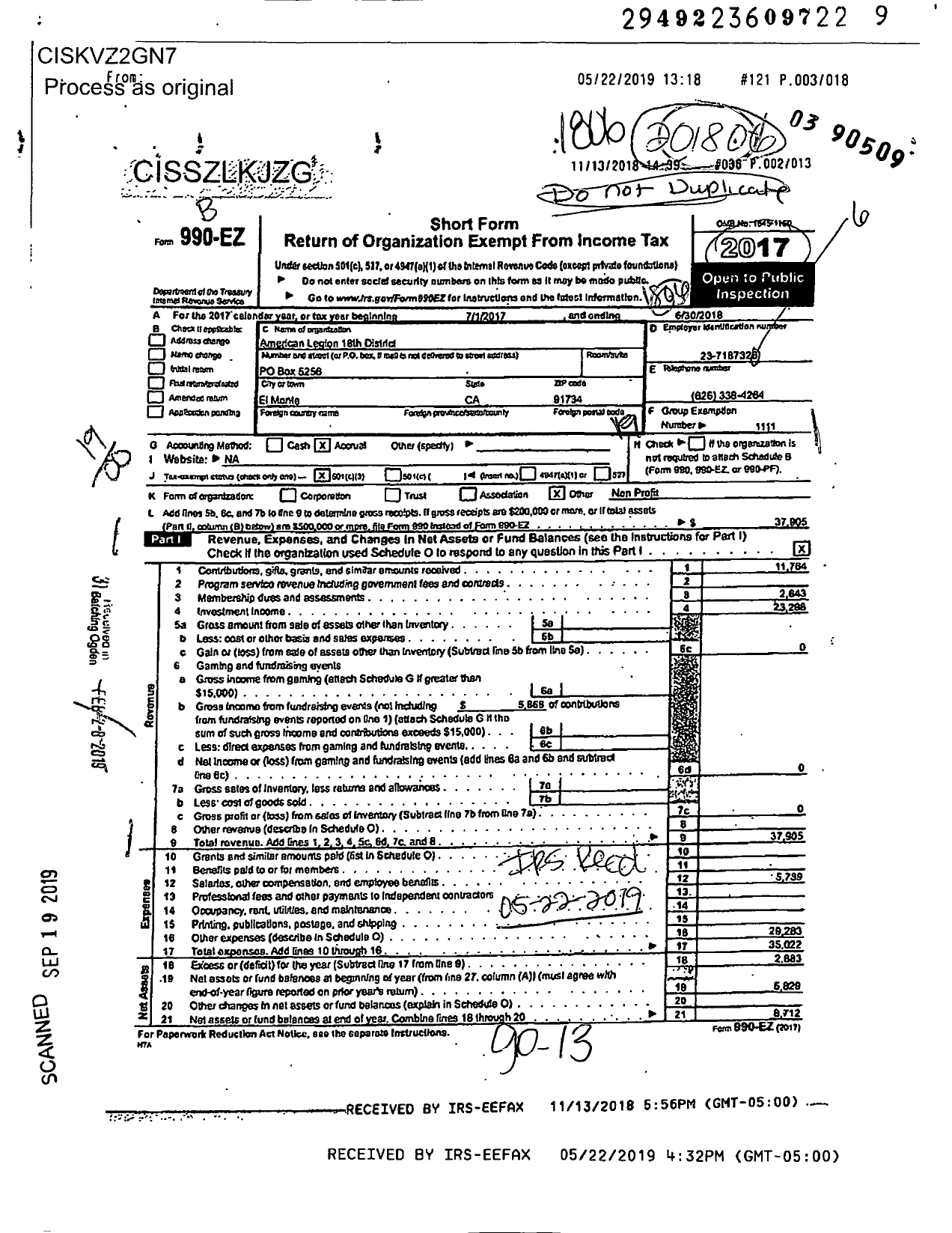 Image of first page of 2017 Form 990EO for American Legion - 18th District