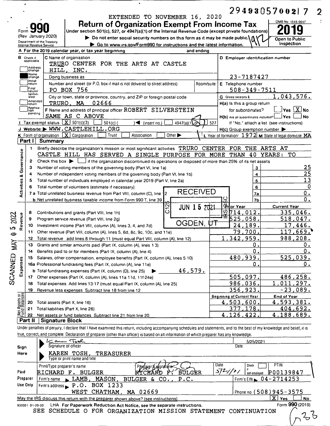 Image of first page of 2019 Form 990 for Truro Center for the Arts at Castle Hill