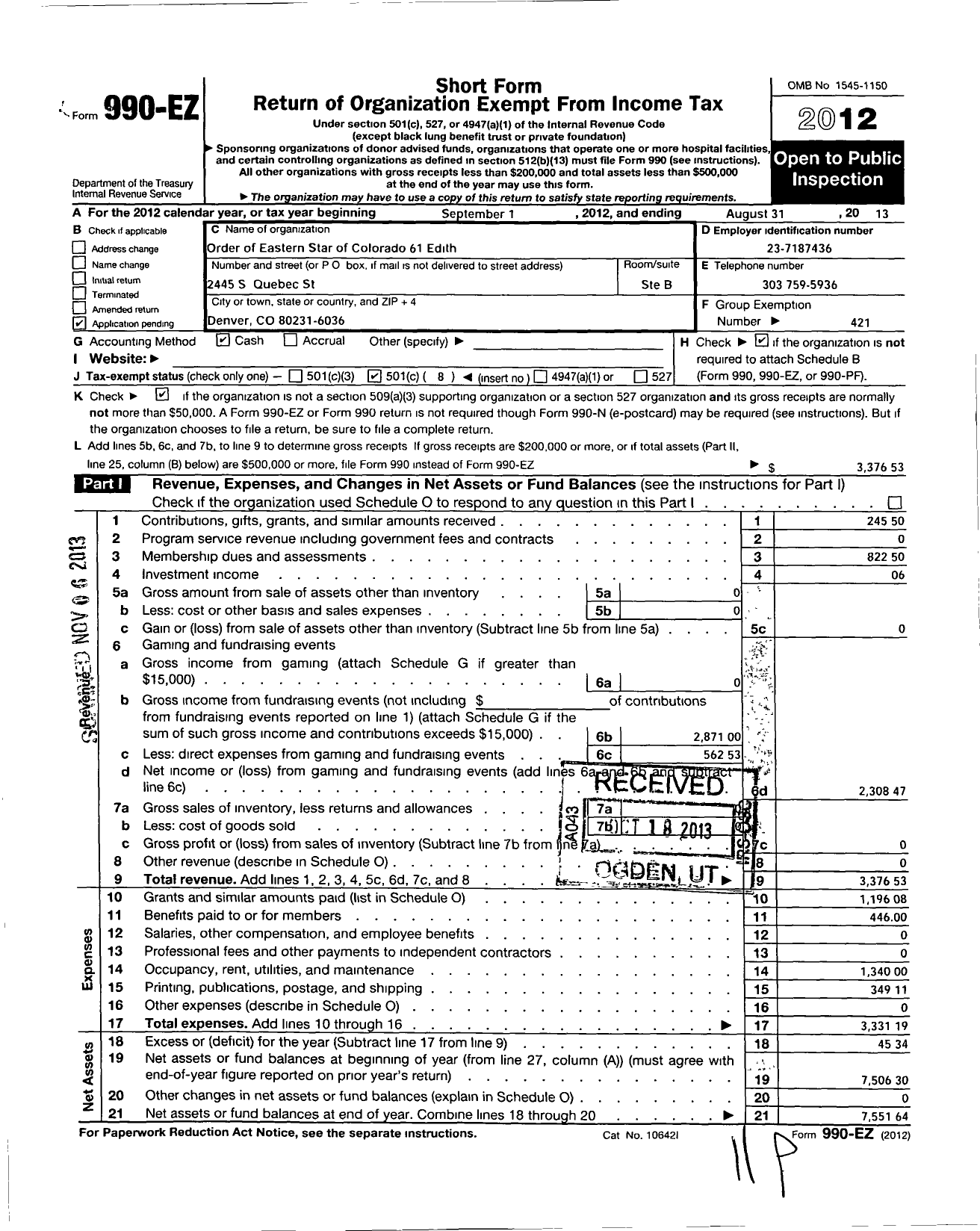 Image of first page of 2012 Form 990EO for Order of Eastern Star of Colorado