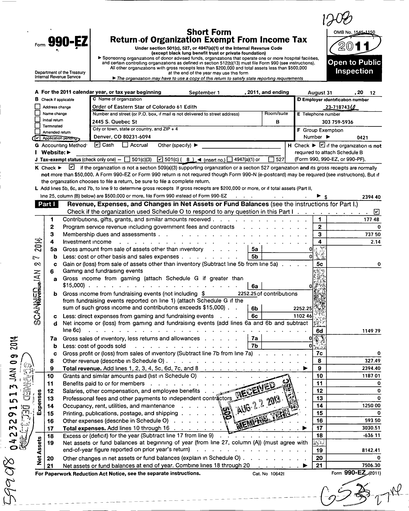 Image of first page of 2011 Form 990EO for Order of Eastern Star of Colorado