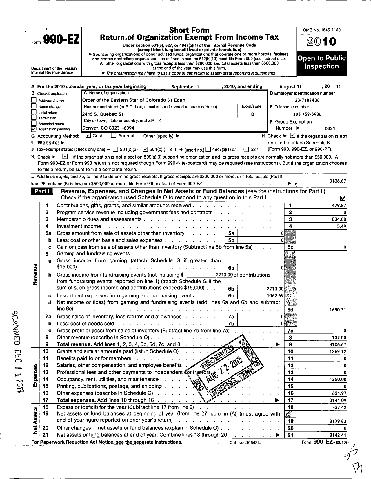 Image of first page of 2010 Form 990EO for Order of Eastern Star of Colorado