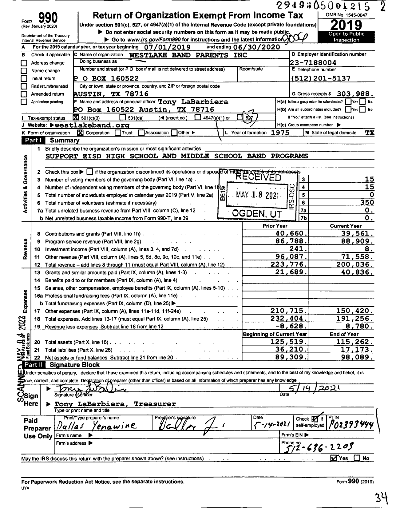 Image of first page of 2019 Form 990 for Westlake Band Parents