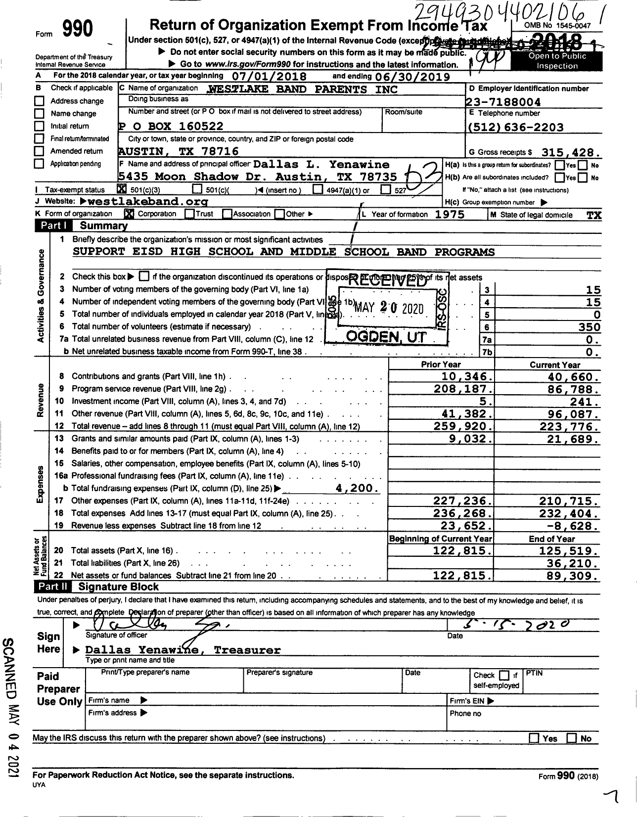 Image of first page of 2018 Form 990 for Westlake Band Parents