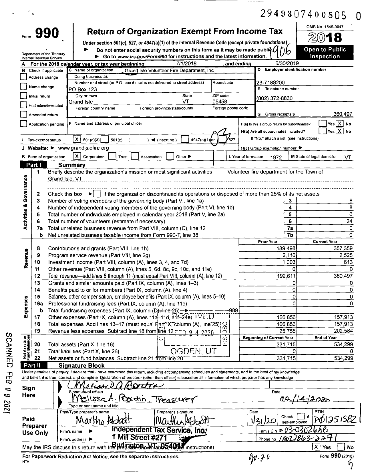 Image of first page of 2018 Form 990 for Grand Isle Volunteer Fire Dept