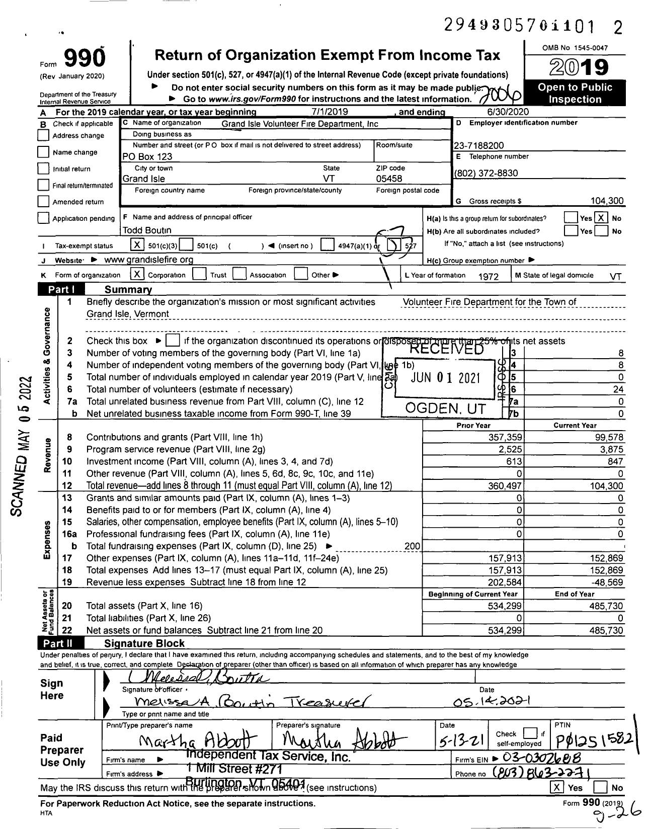 Image of first page of 2019 Form 990 for Grand Isle Volunteer Fire Dept