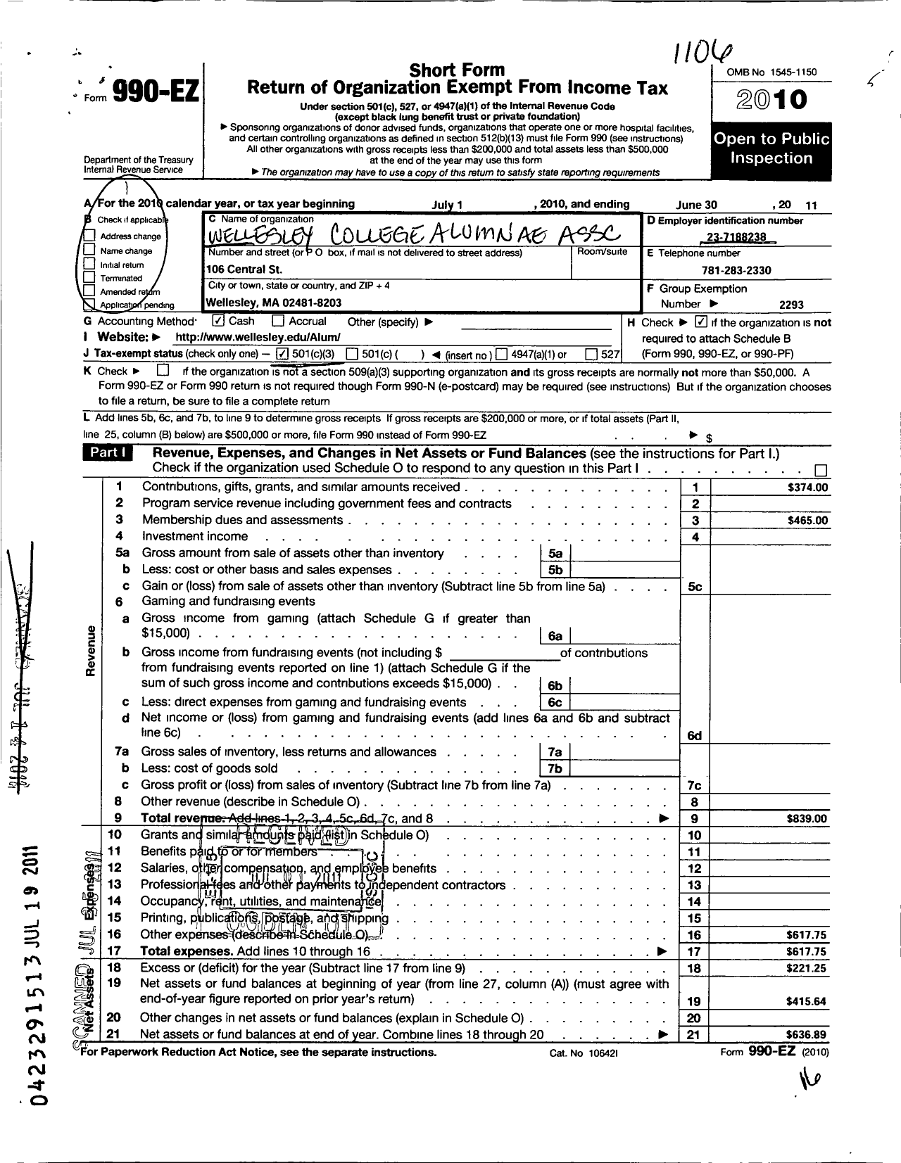 Image of first page of 2010 Form 990EZ for Wellesley College Alumnae Association / Wellesley-In-Phoenix