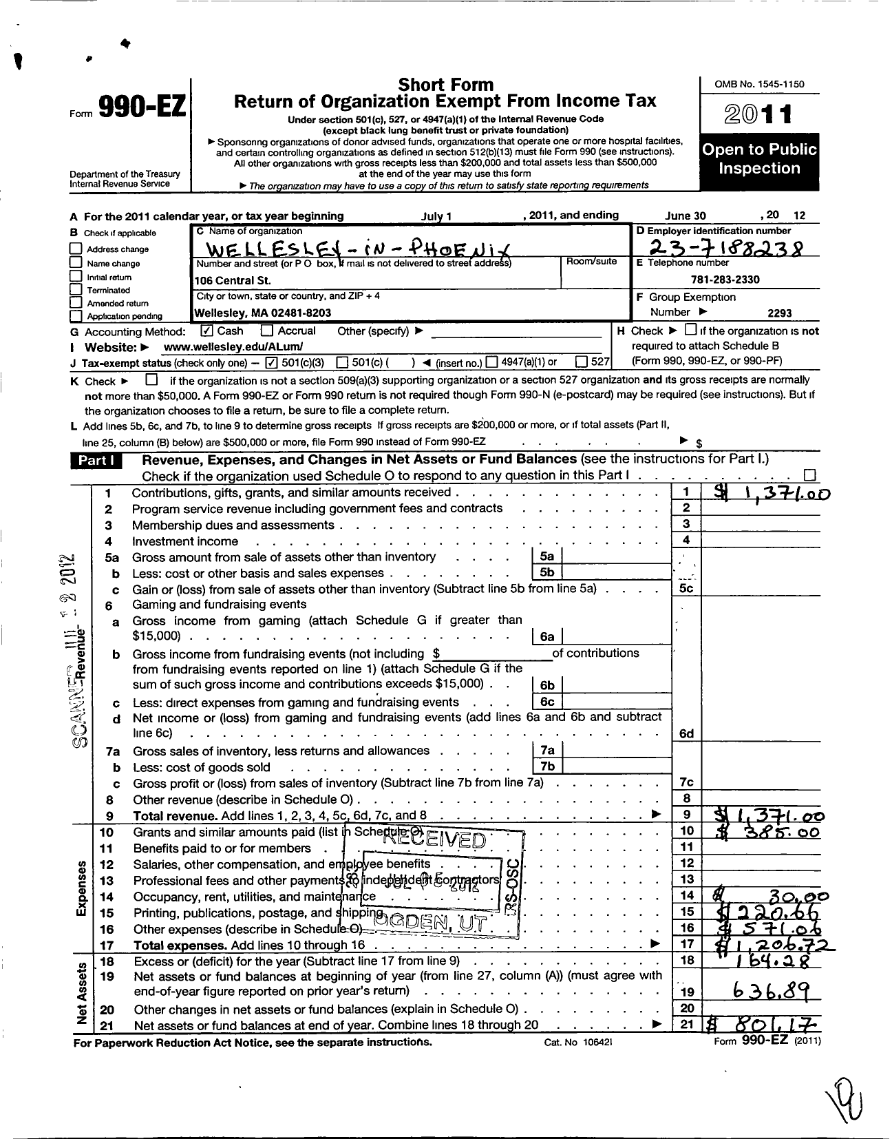 Image of first page of 2011 Form 990EZ for Wellesley College Alumnae Association / Wellesley-In-Phoenix