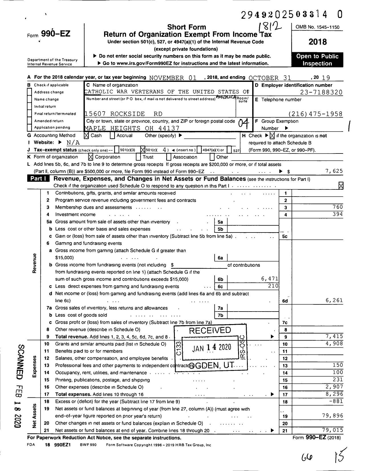 Image of first page of 2018 Form 990EO for Catholic War Veterans of the United States of America - 1812 Post-Cmr-Cwv