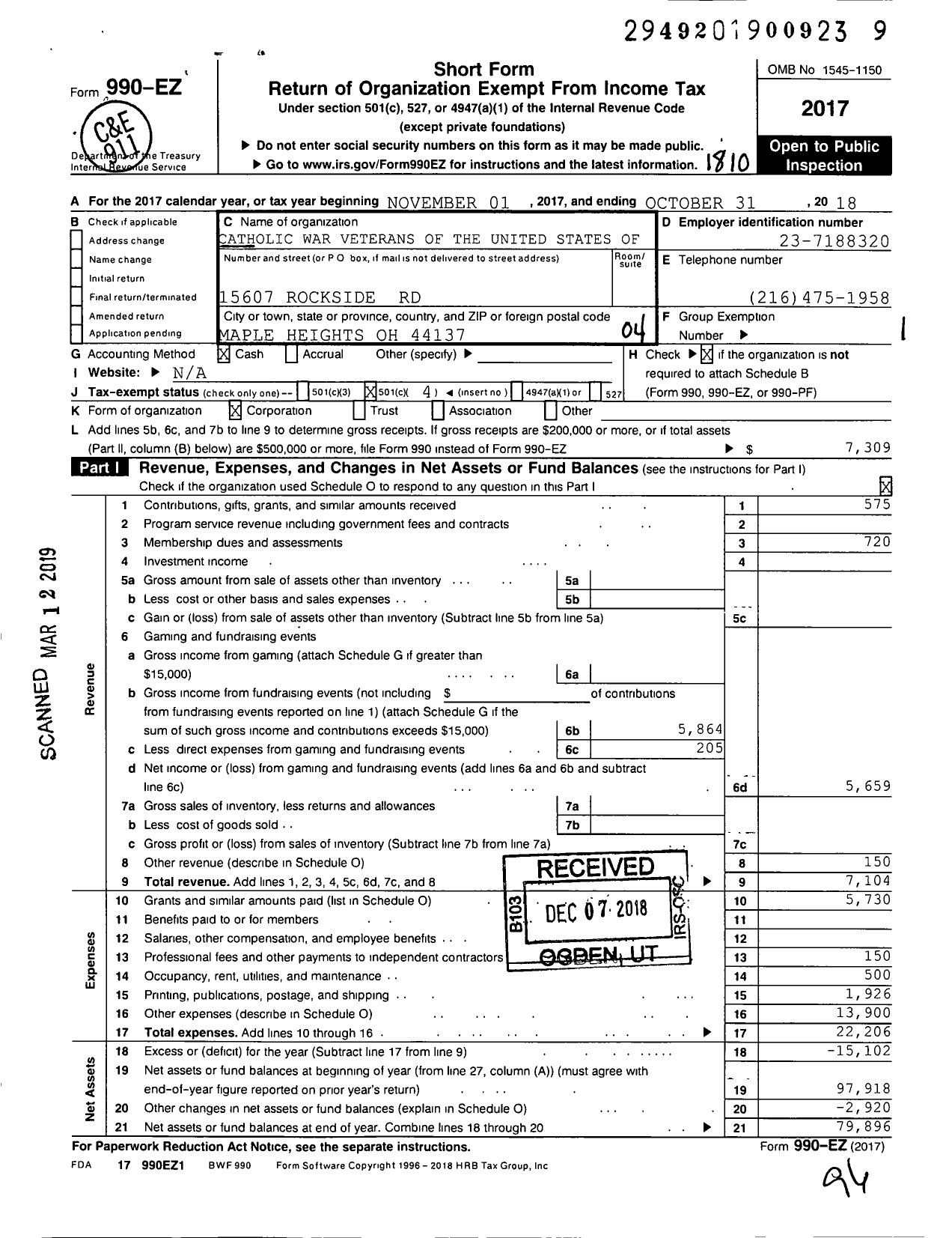 Image of first page of 2017 Form 990EO for Catholic War Veterans of the United States of America - 1812 Post-Cmr-Cwv