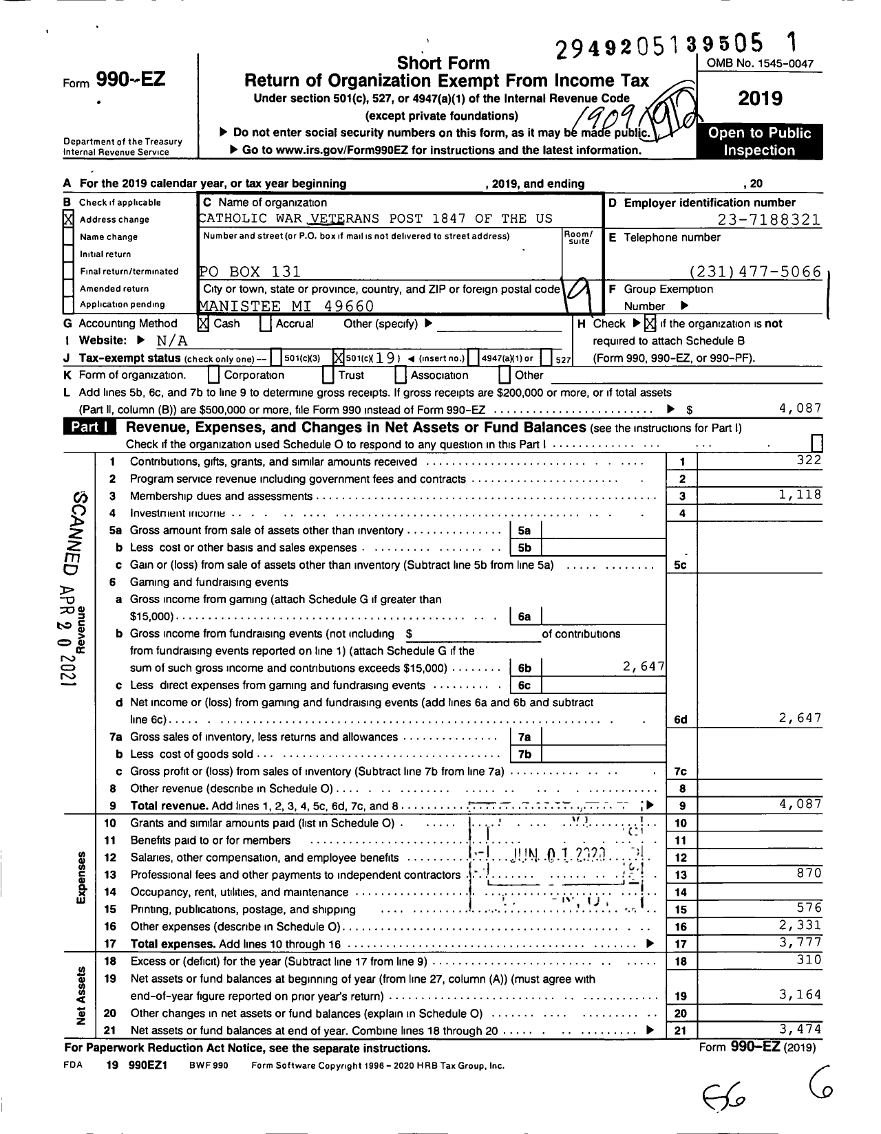 Image of first page of 2018 Form 990EO for Catholic War Veterans of the United States of America - 1847 Manistee Catholic Post-Cmr-Cwv