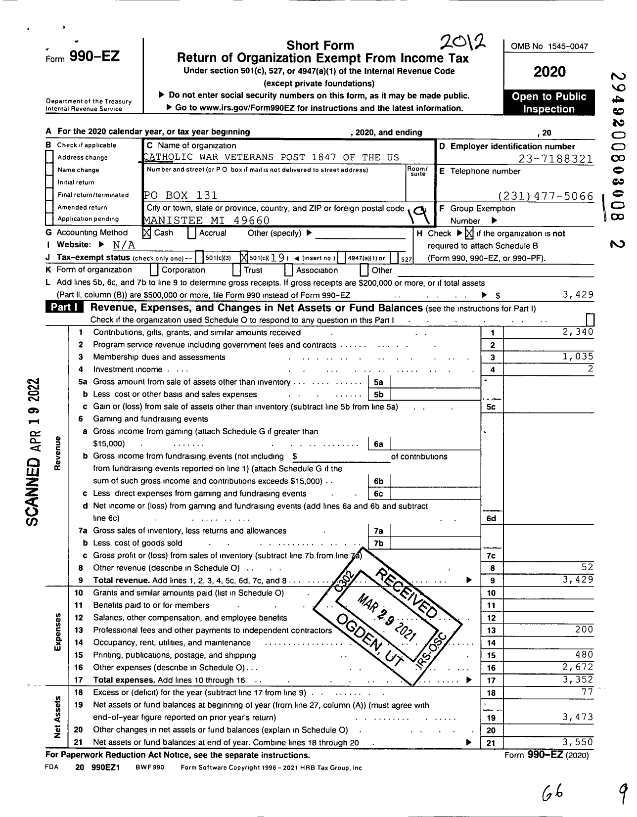 Image of first page of 2020 Form 990EO for Catholic War Veterans of the United States of America - 1847 Manistee Catholic Post-Cmr-Cwv