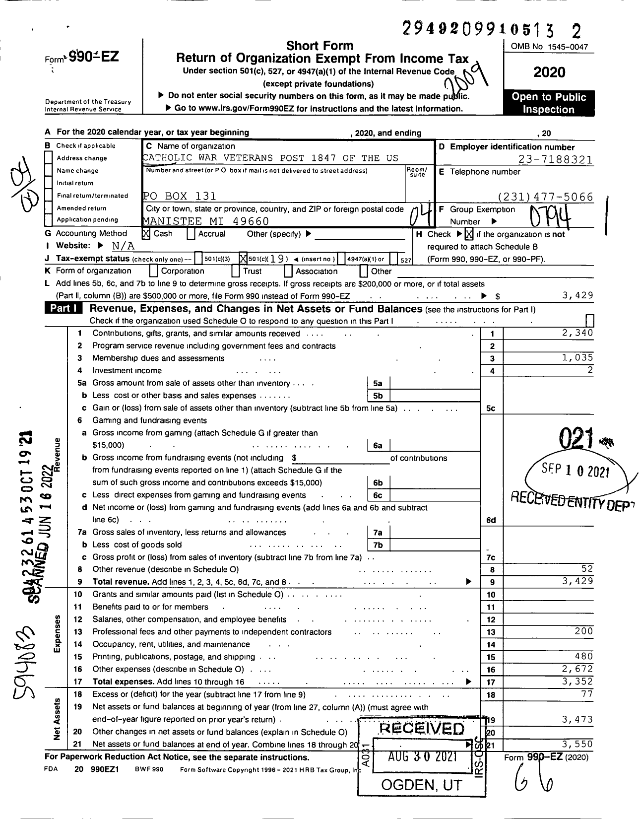 Image of first page of 2019 Form 990EO for Catholic War Veterans of the United States of America - 1847 Manistee Catholic Post-Cmr-Cwv