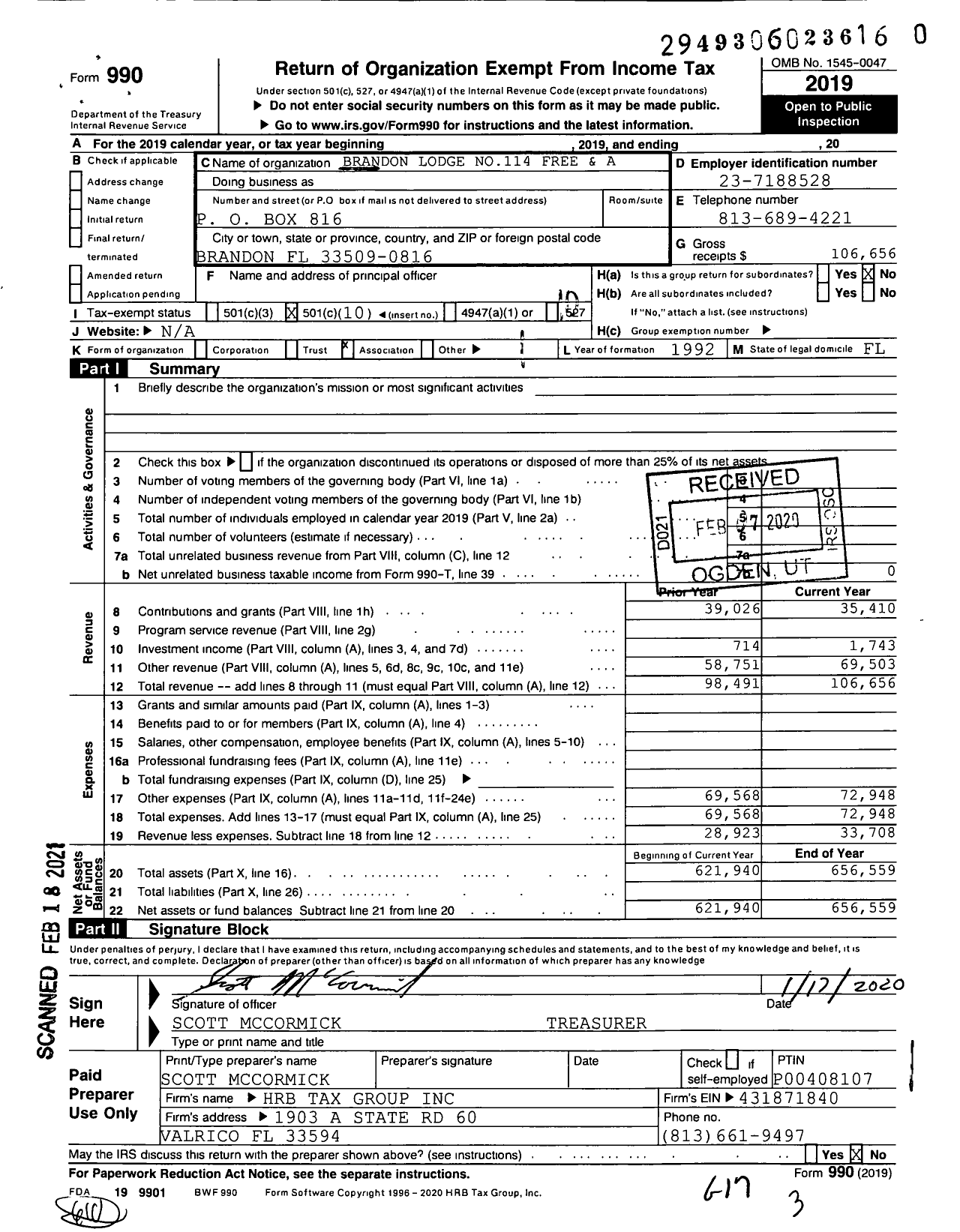 Image of first page of 2019 Form 990O for Free and Accepted Masons of Florida - 114 Brandon Lodge