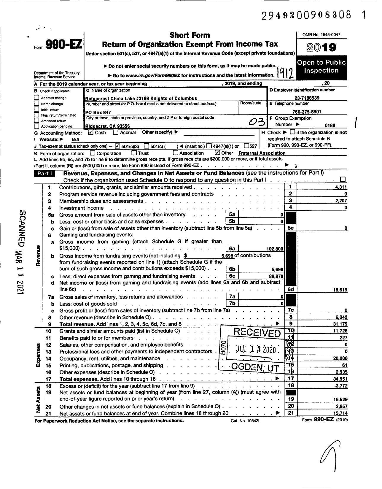 Image of first page of 2019 Form 990EZ for Knights of Columbus - 3199 Father John Crowley Council