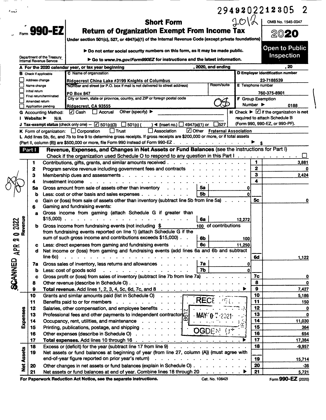 Image of first page of 2020 Form 990EO for Knights of Columbus - 3199 Father John Crowley Council