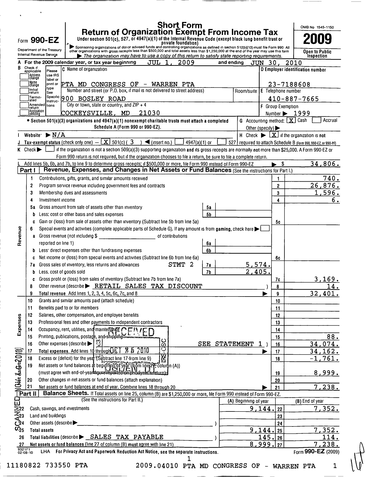 Image of first page of 2009 Form 990EZ for Warren Elementary PTA