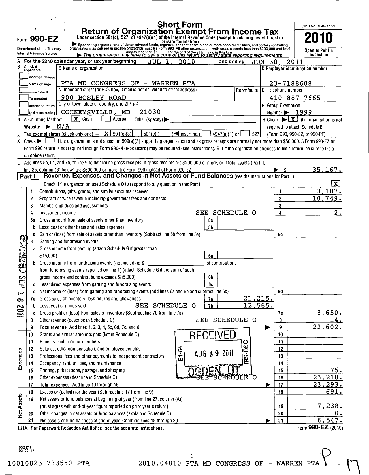 Image of first page of 2010 Form 990EZ for Warren Elementary PTA