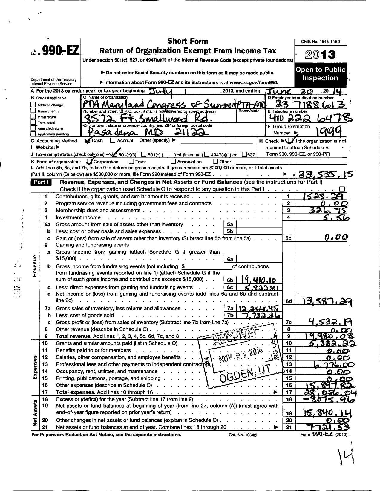 Image of first page of 2013 Form 990EZ for Sunset Elementary School PTA