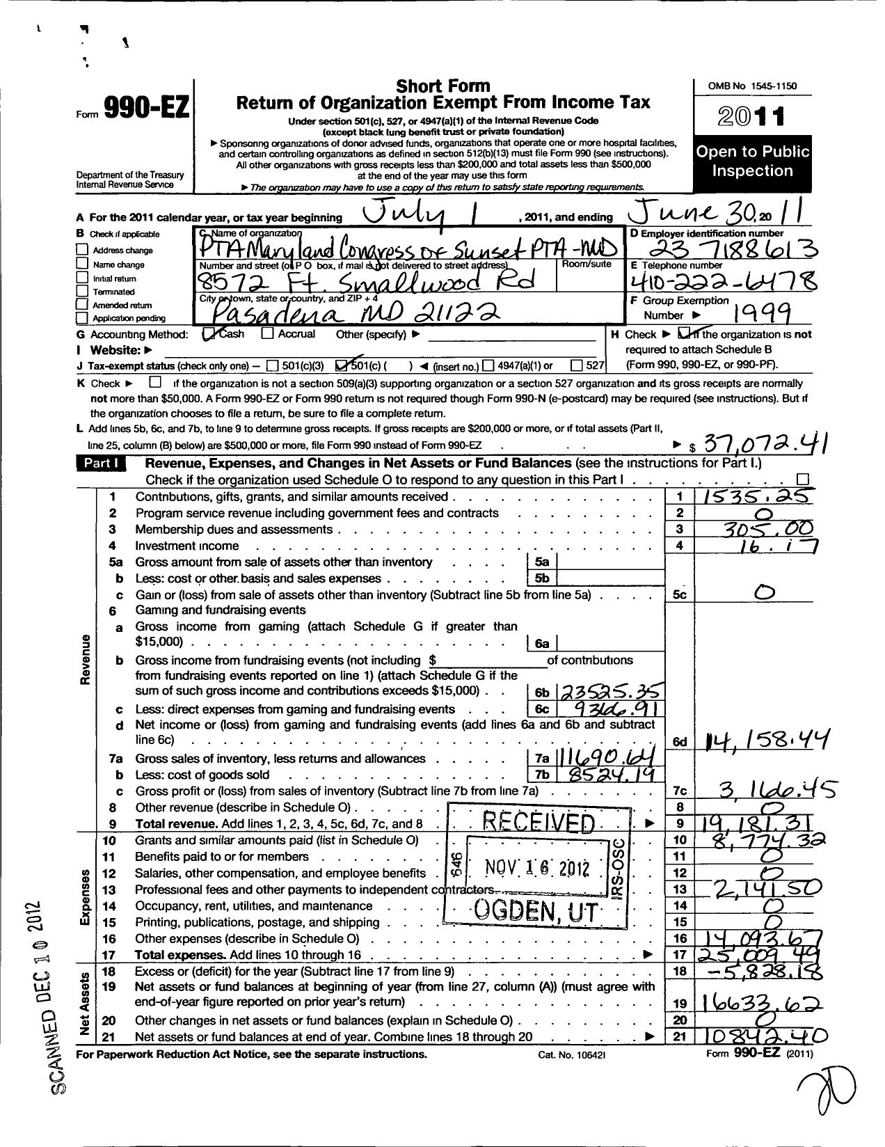 Image of first page of 2010 Form 990EO for Sunset Elementary School PTA