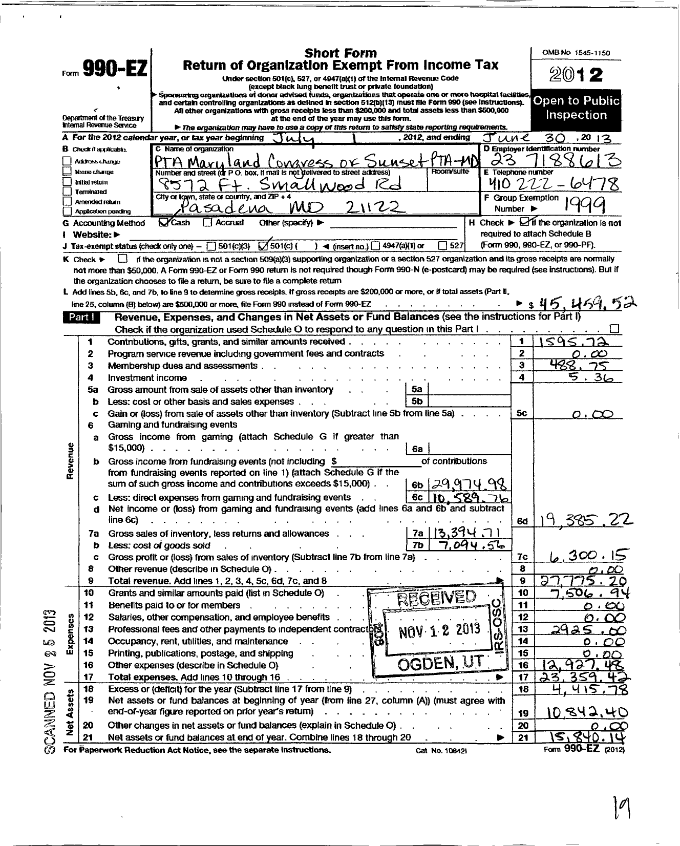 Image of first page of 2012 Form 990EO for Sunset Elementary School PTA