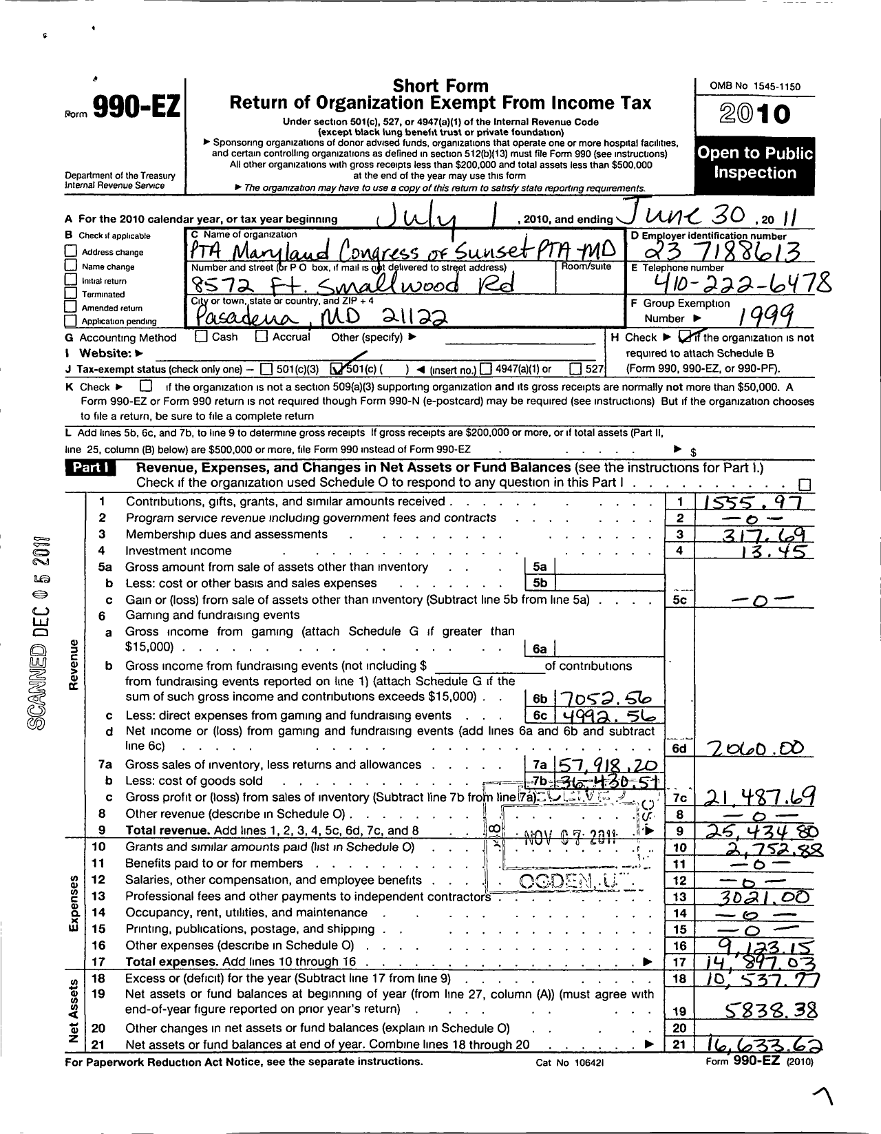 Image of first page of 2010 Form 990EO for Sunset Elementary School PTA