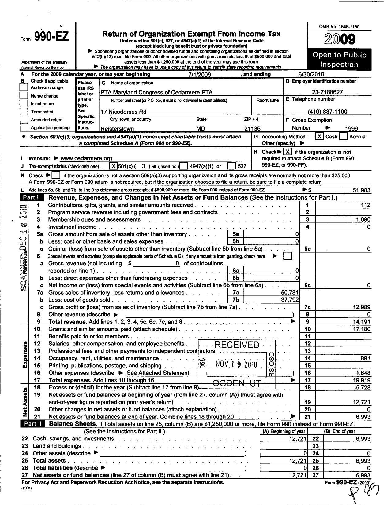 Image of first page of 2009 Form 990EZ for PTA Maryland Congress of Parents and Teachers / Cedarmere Elementary