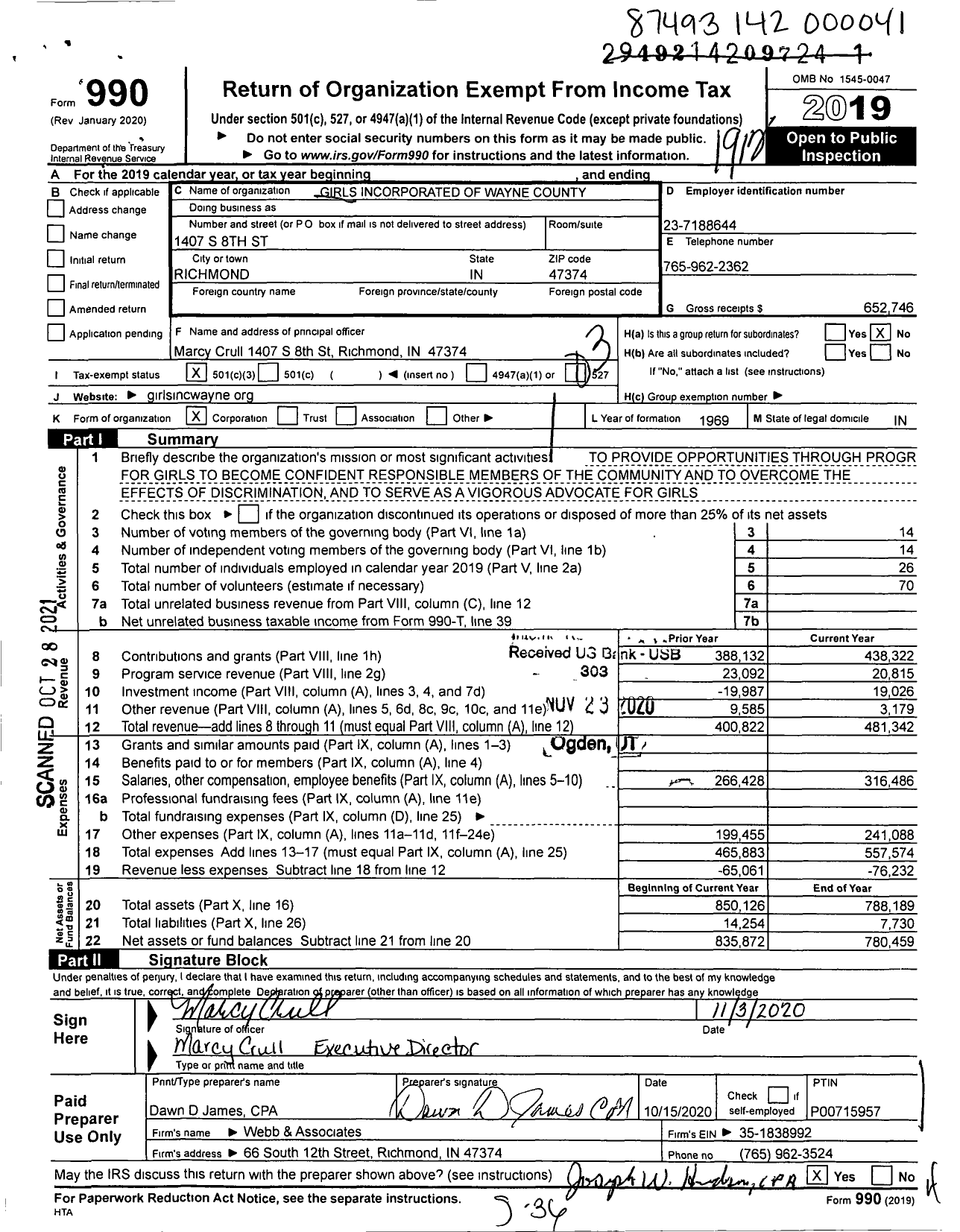 Image of first page of 2019 Form 990 for Girls Incorporated of Wayne County