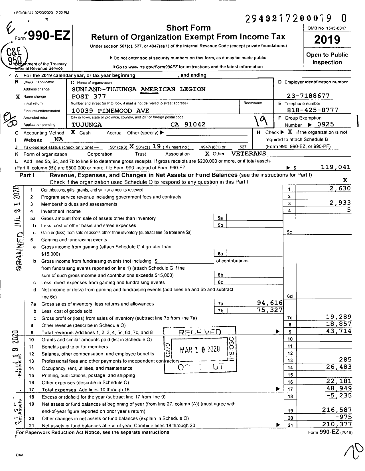 Image of first page of 2019 Form 990EO for American Legion - 377 Post Sunland Tujunga