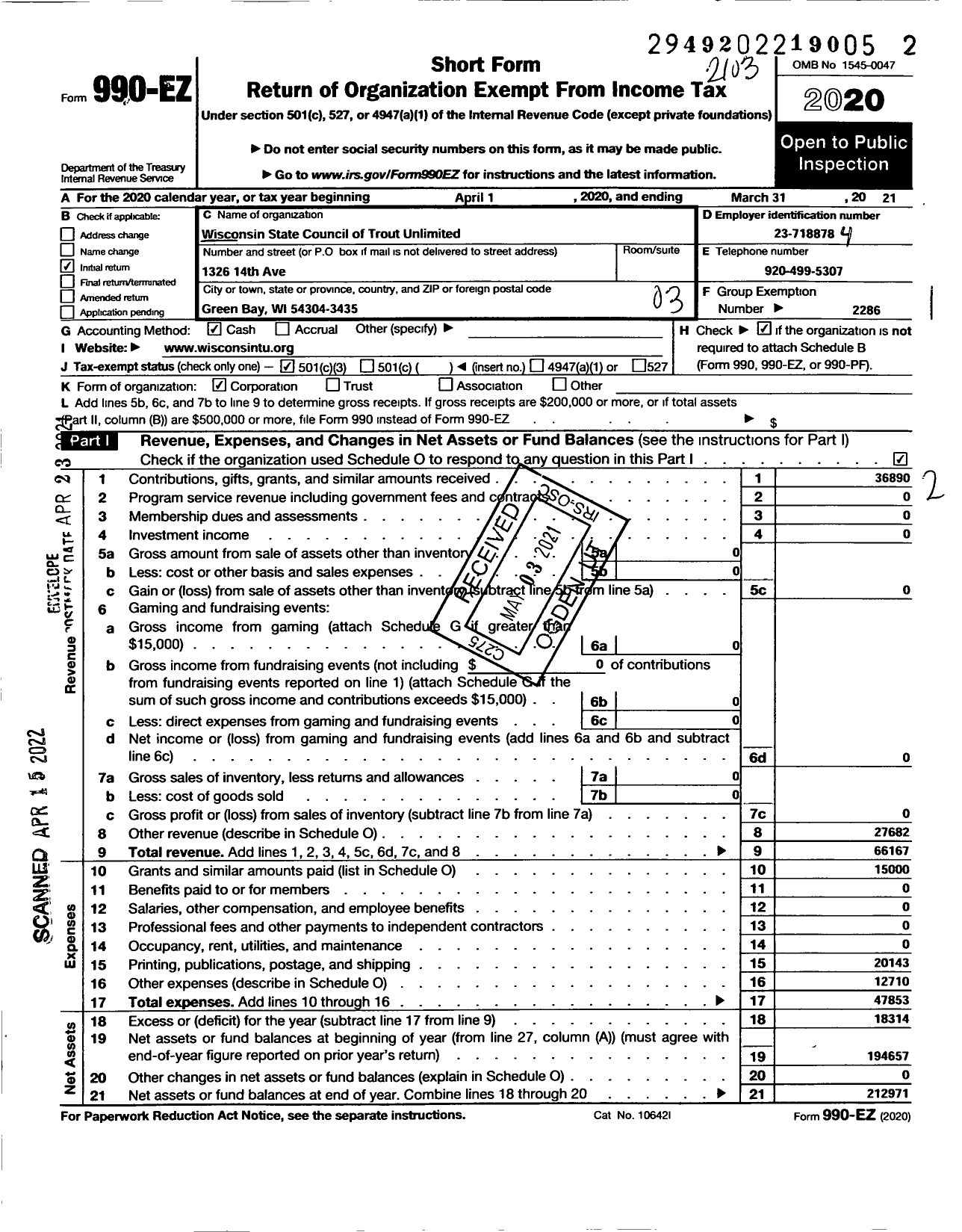 Image of first page of 2020 Form 990EZ for Trout Unlimited - Wisconsin Council