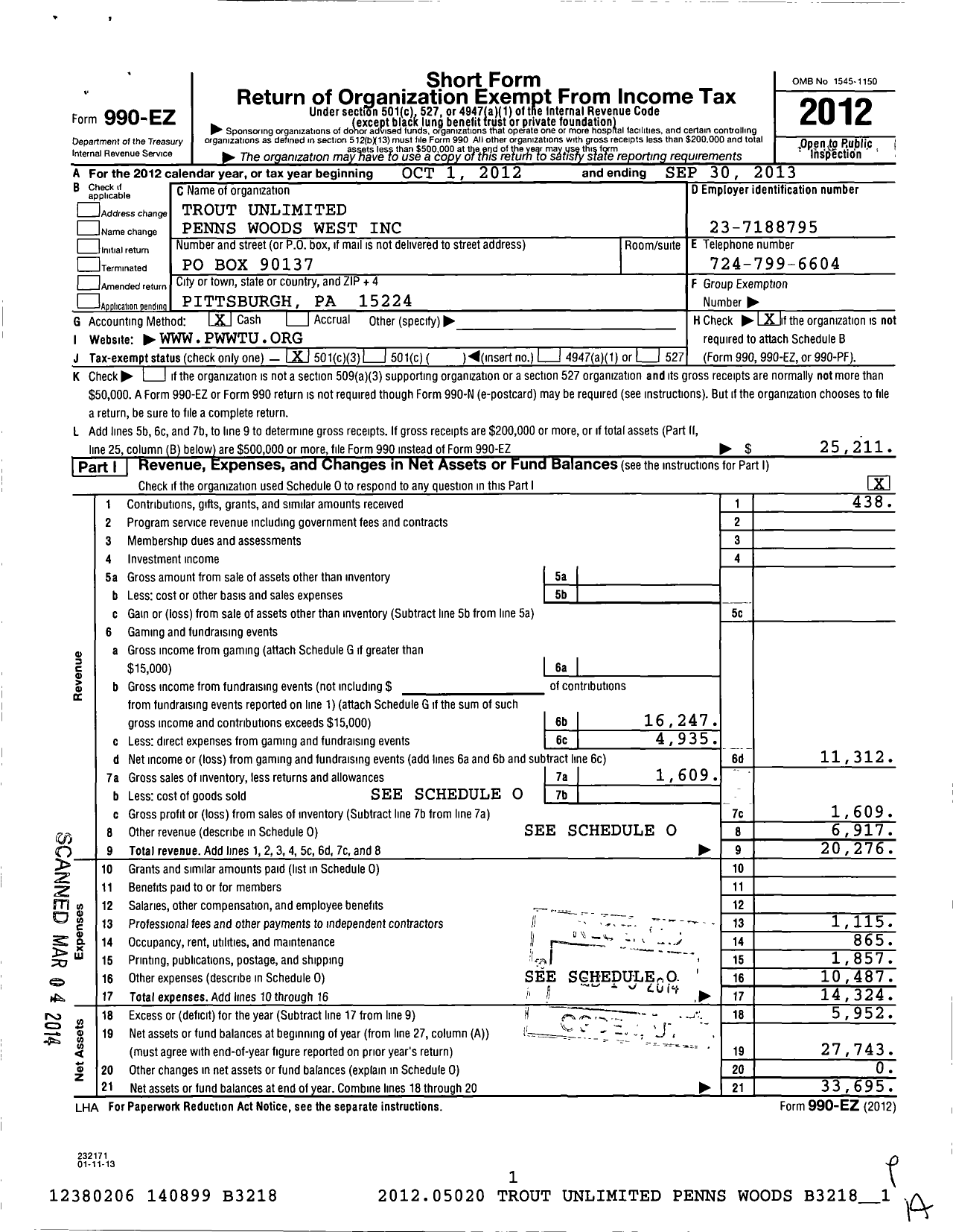 Image of first page of 2012 Form 990EZ for Trout Unlimited - 042 Penns Woods West