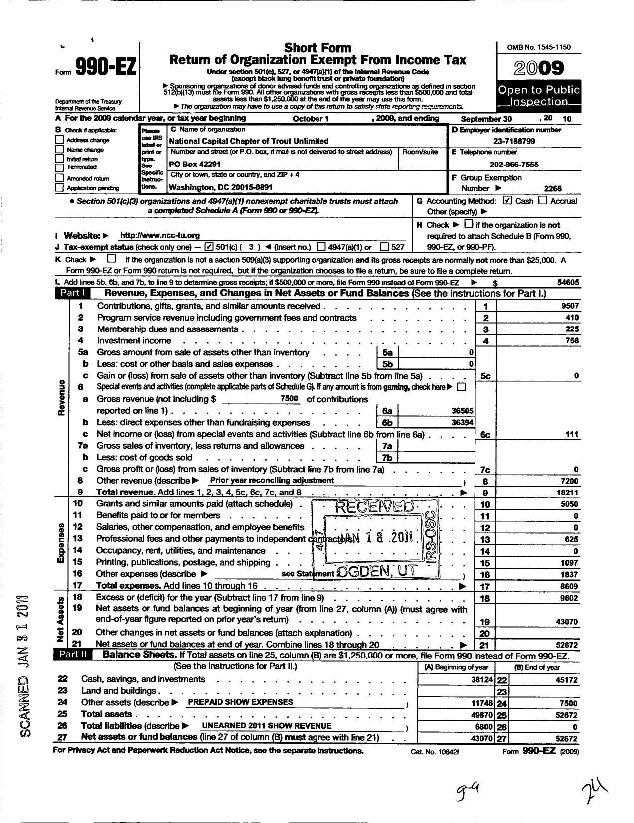 Image of first page of 2009 Form 990EZ for Trout Unlimited - 011 National Capital