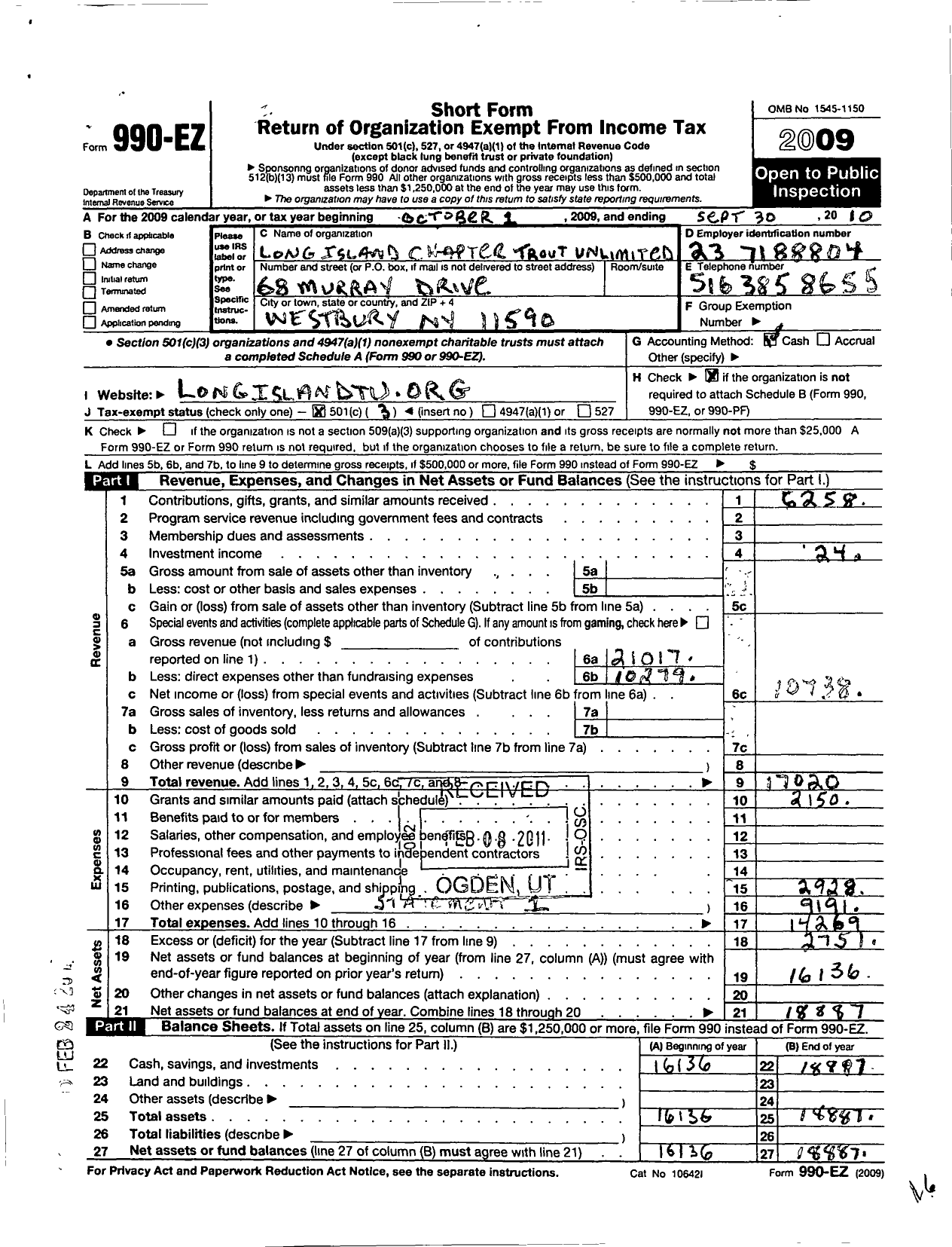 Image of first page of 2009 Form 990EZ for Trout Unlimited - 069 Long Island