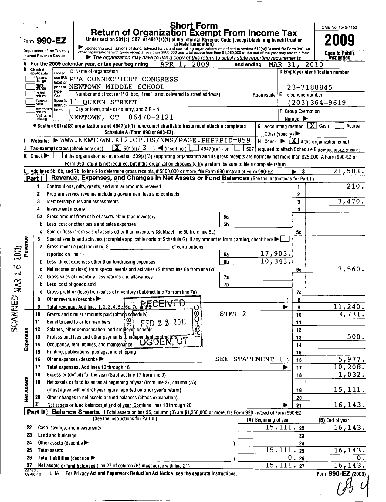 Image of first page of 2009 Form 990EZ for CT PTA - Newtown Middle School PTA