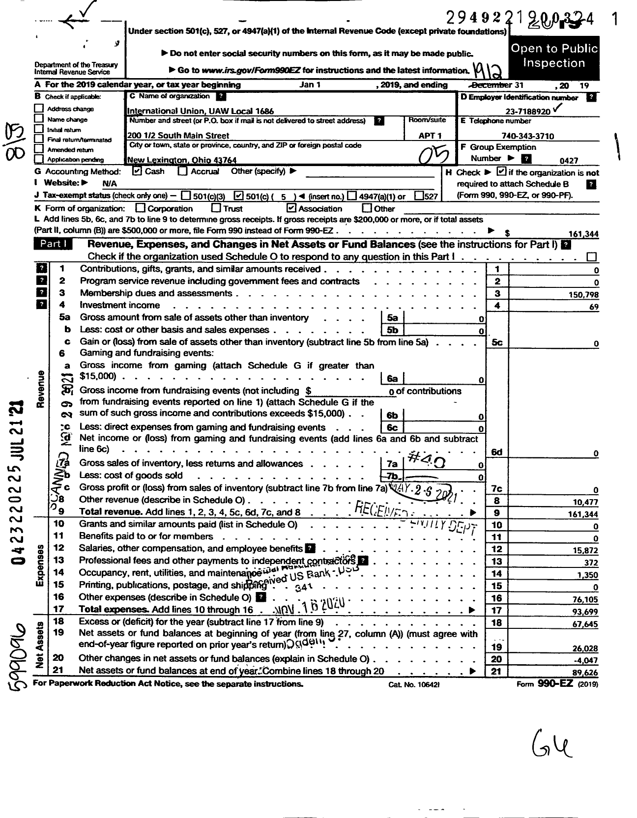 Image of first page of 2019 Form 990EO for UAW - 1686 UAW Local