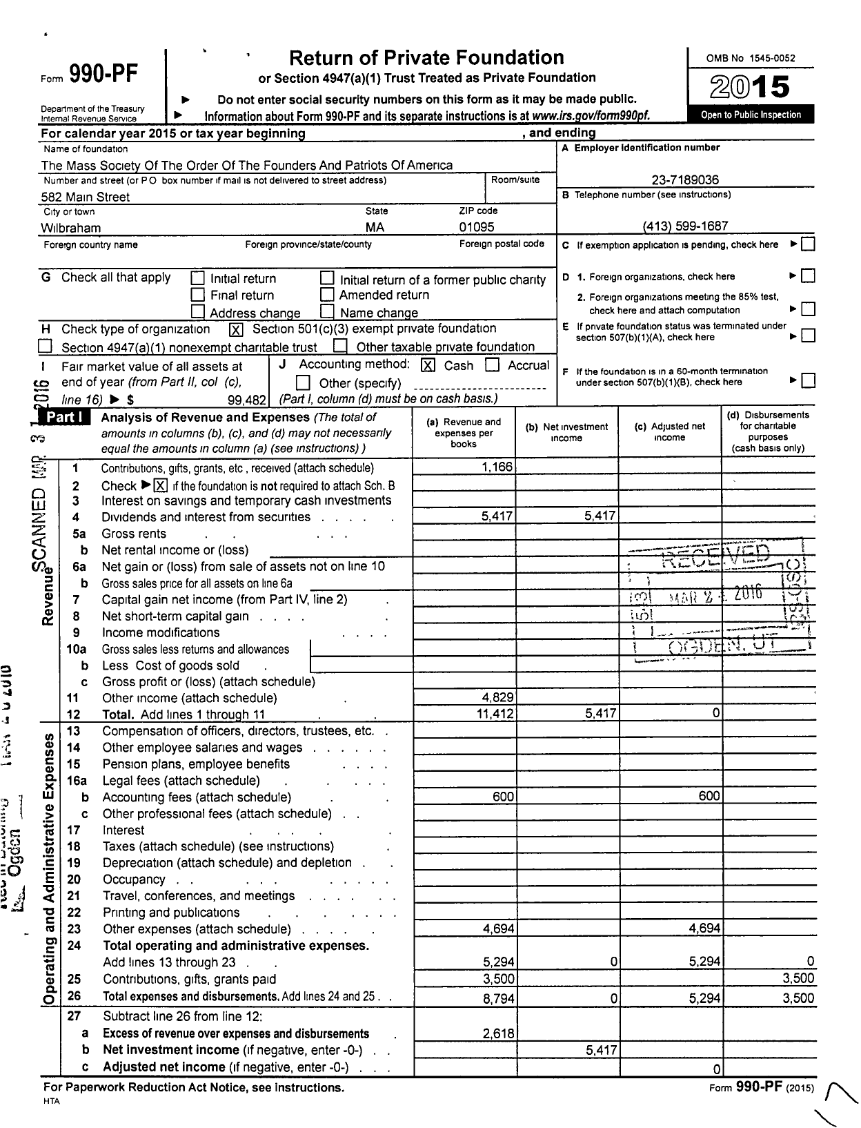 Image of first page of 2015 Form 990PF for The Mass Society Of The Order Of The Founders And Patriots Of America