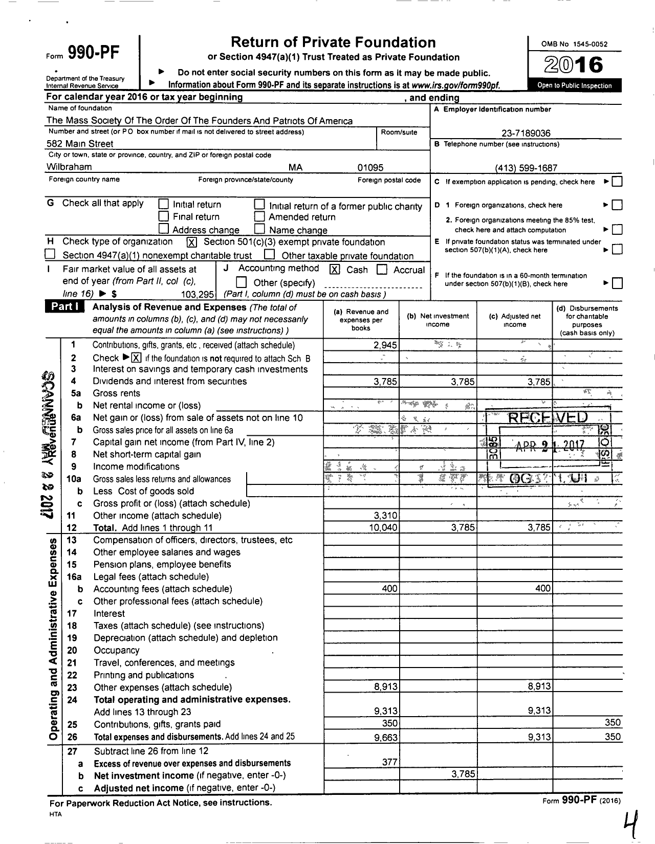 Image of first page of 2016 Form 990PF for The Mass Society Of The Order Of The Founders And Patriots Of America