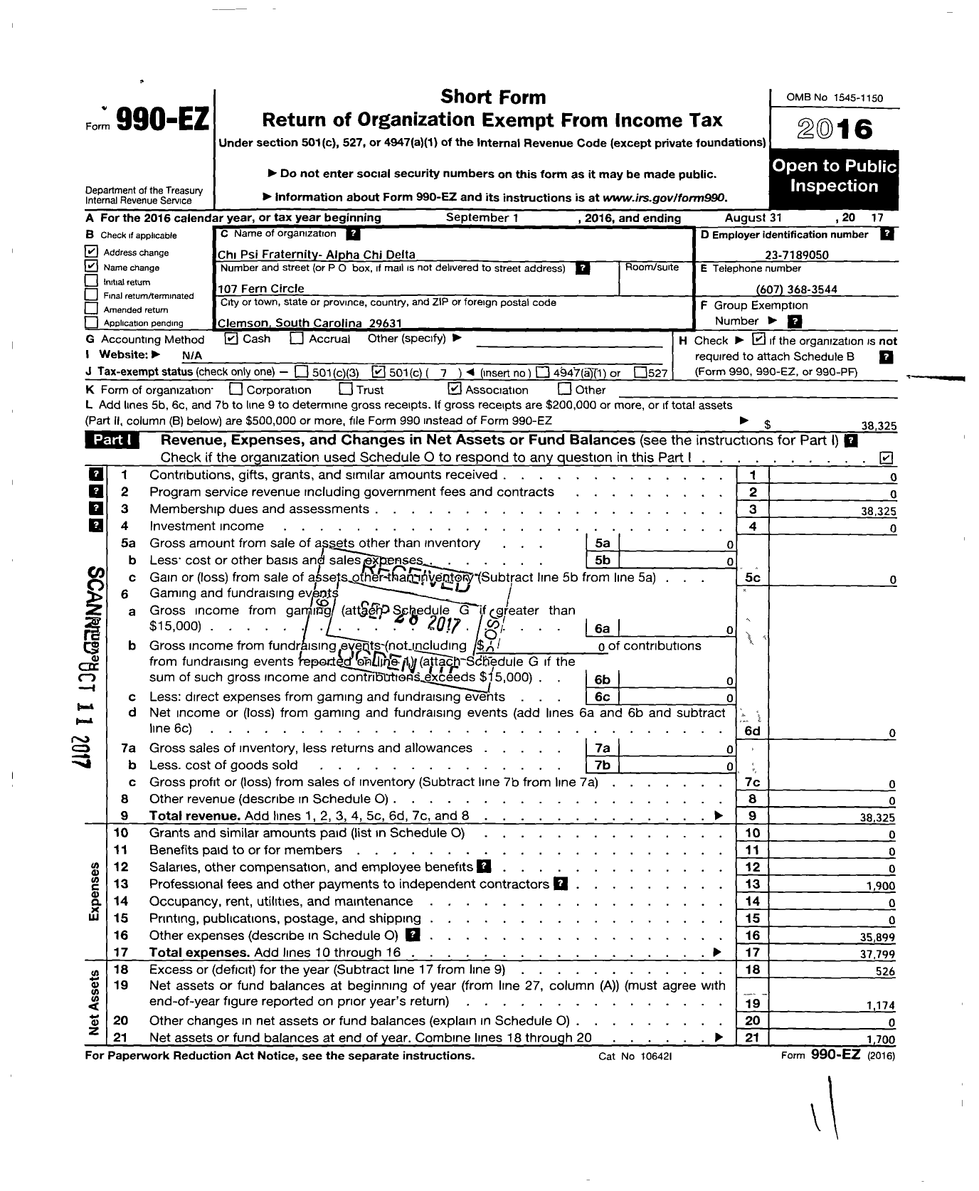 Image of first page of 2016 Form 990EO for Chi Psi Fraternity / Alpha Chi Delta