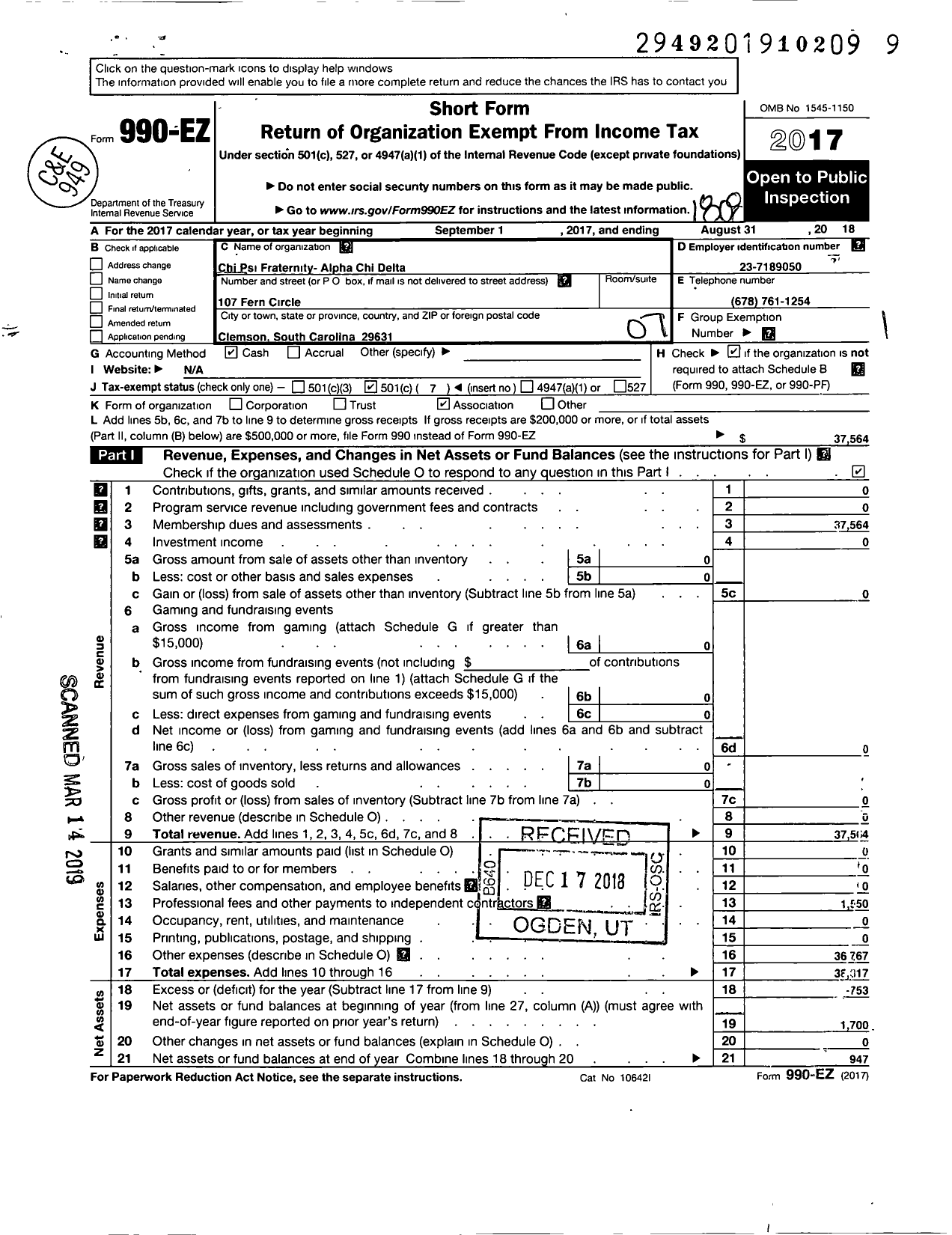 Image of first page of 2017 Form 990EO for Chi Psi Fraternity / Alpha Chi Delta