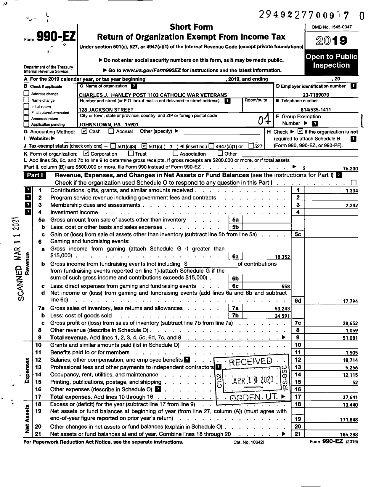 Image of first page of 2019 Form 990EO for Catholic War Veterans of the United States of America - 1103 Post-Cmr-Cwv