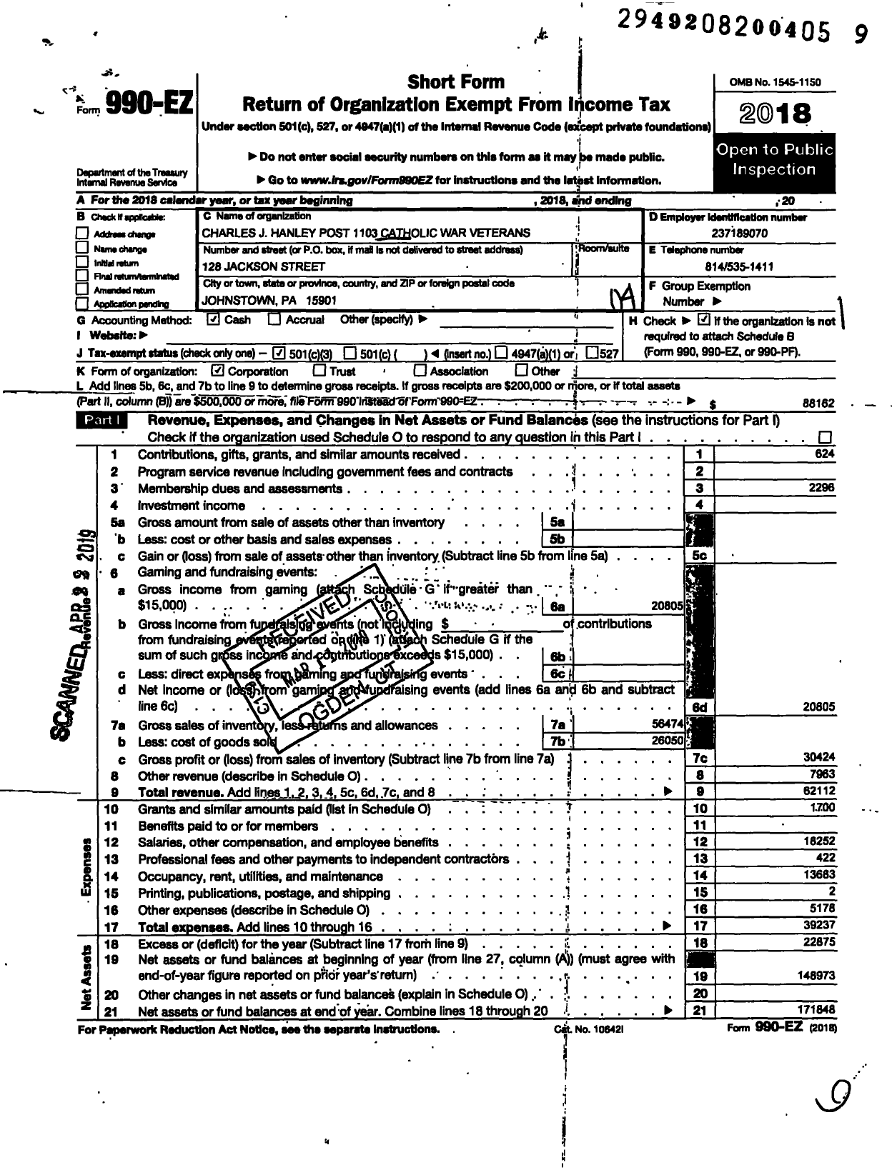 Image of first page of 2018 Form 990EO for Catholic War Veterans of the United States of America - 1103 Post-Cmr-Cwv